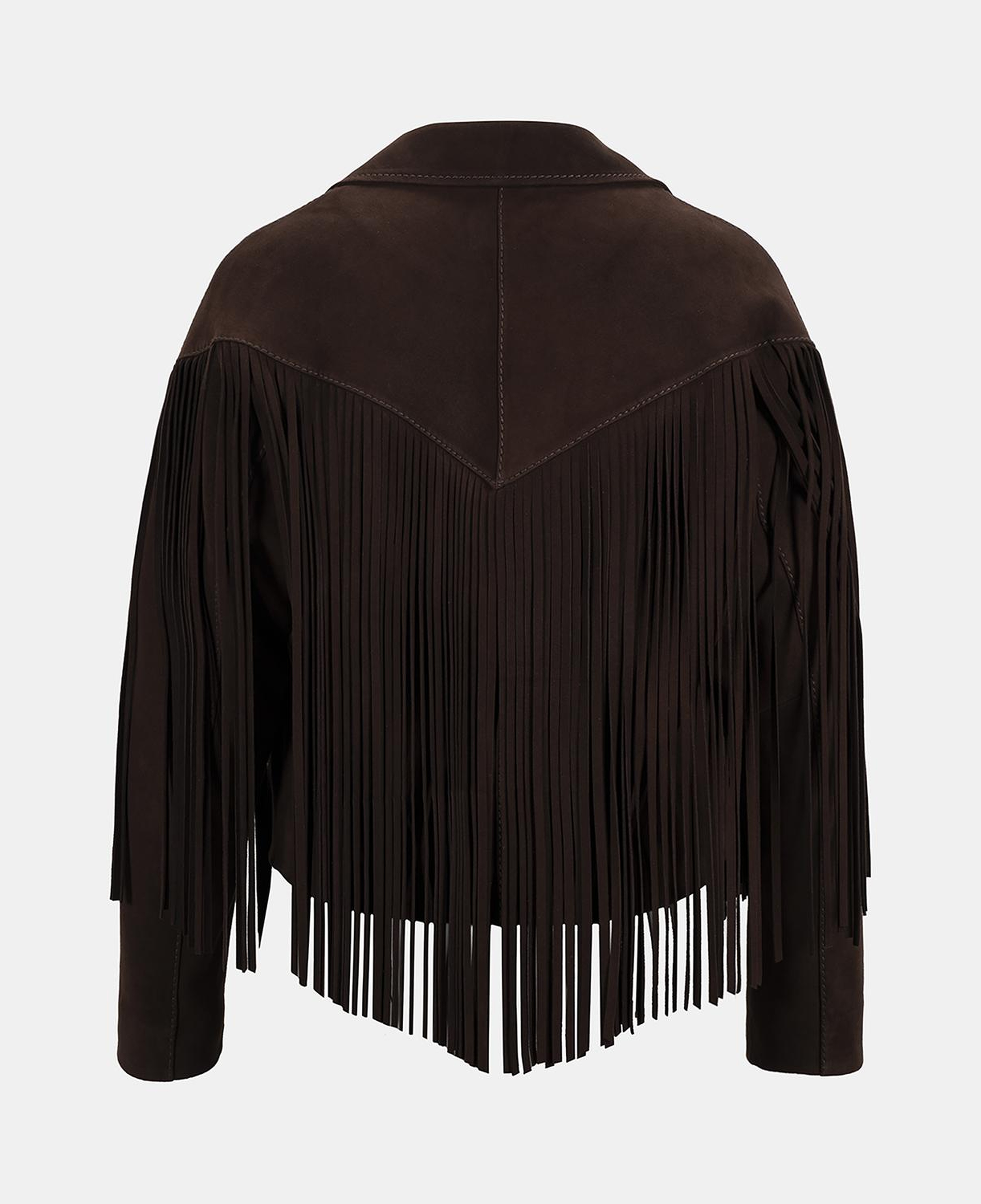 Kadın Koyu Kahve Yakalı Püskül Detaylı Kısa Süet Ceket