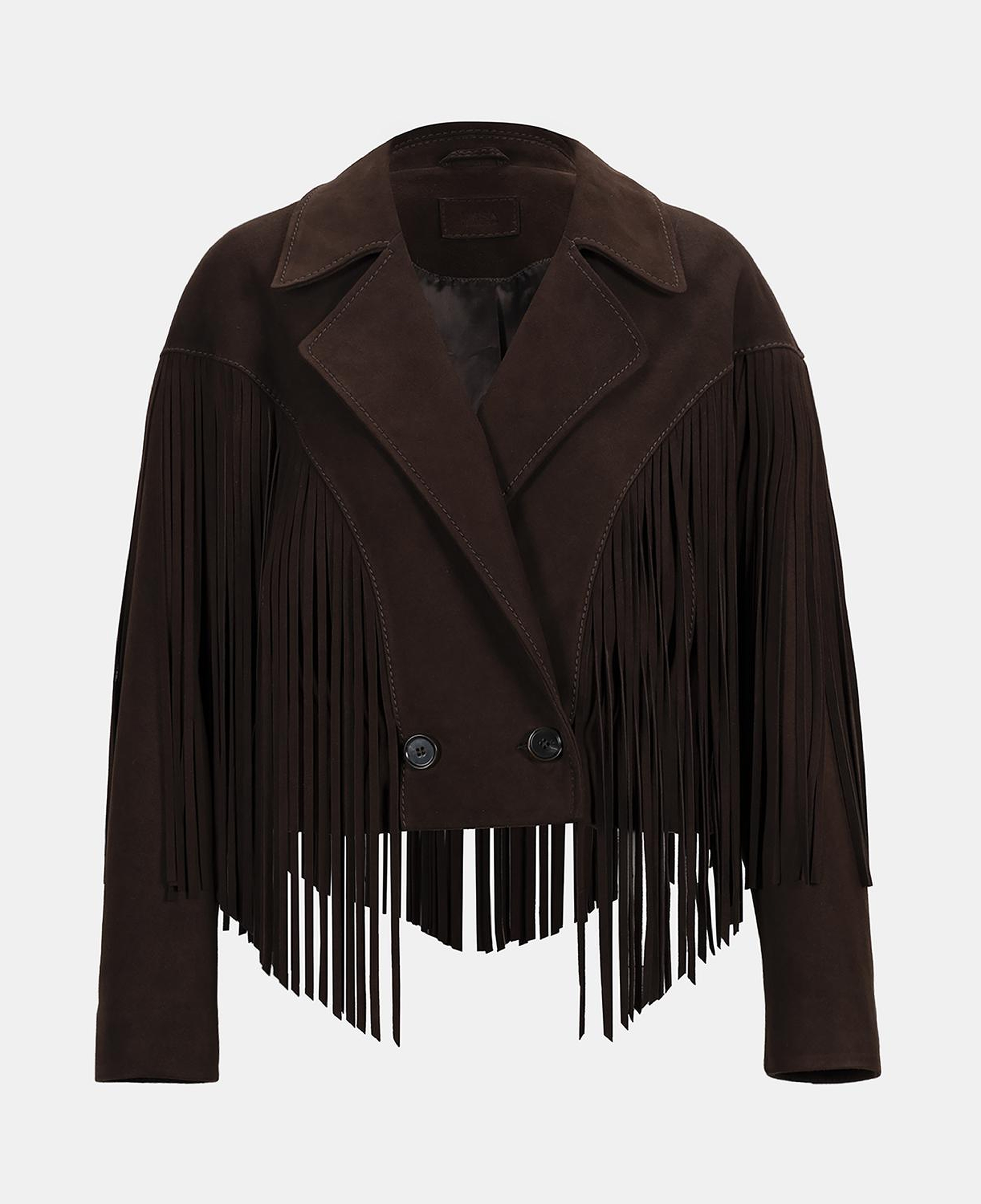 Kadın Koyu Kahve Yakalı Püskül Detaylı Kısa Süet Ceket