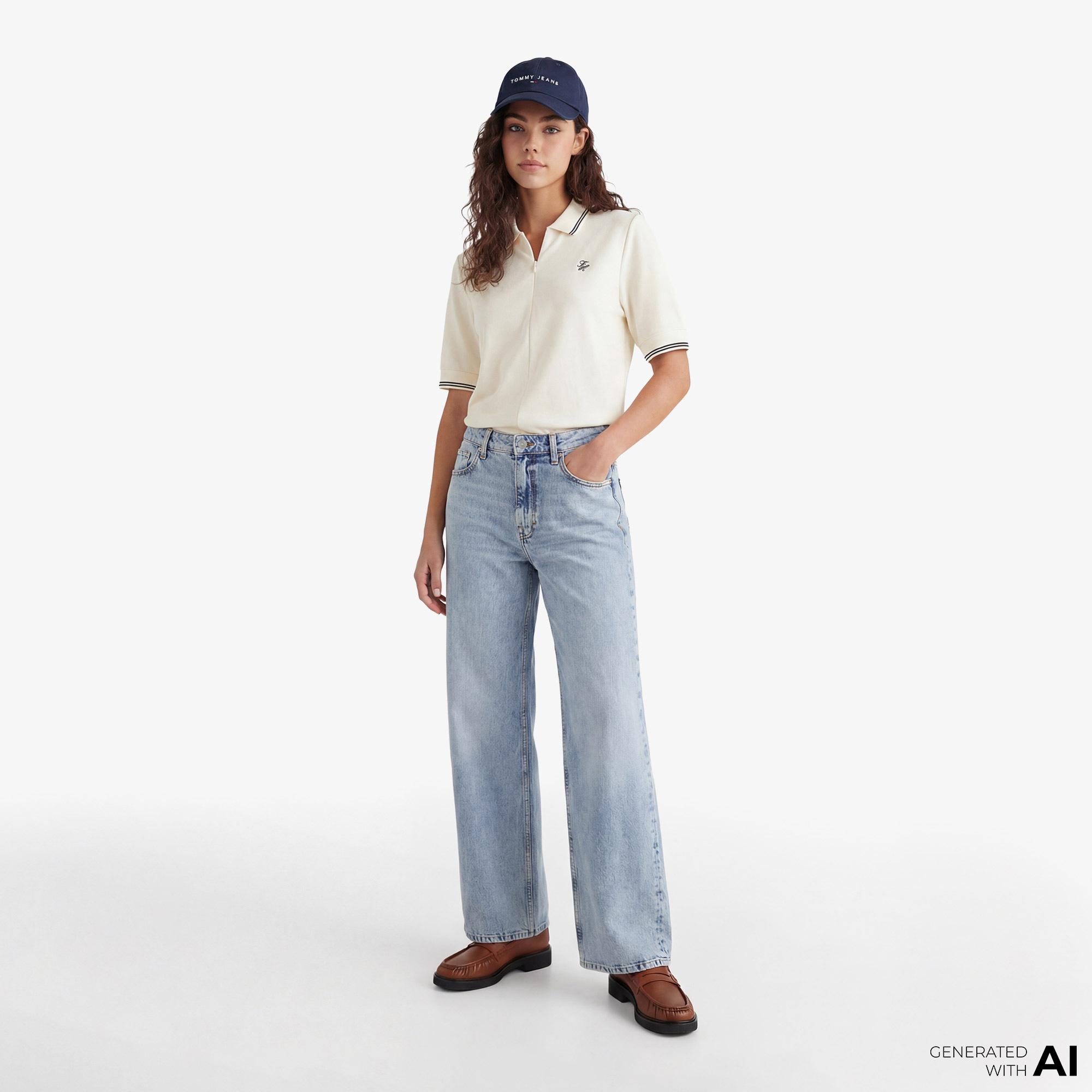 Tommy Hilfiger Script Liyosel Kadın Bej Polo Yaka T-Shirt