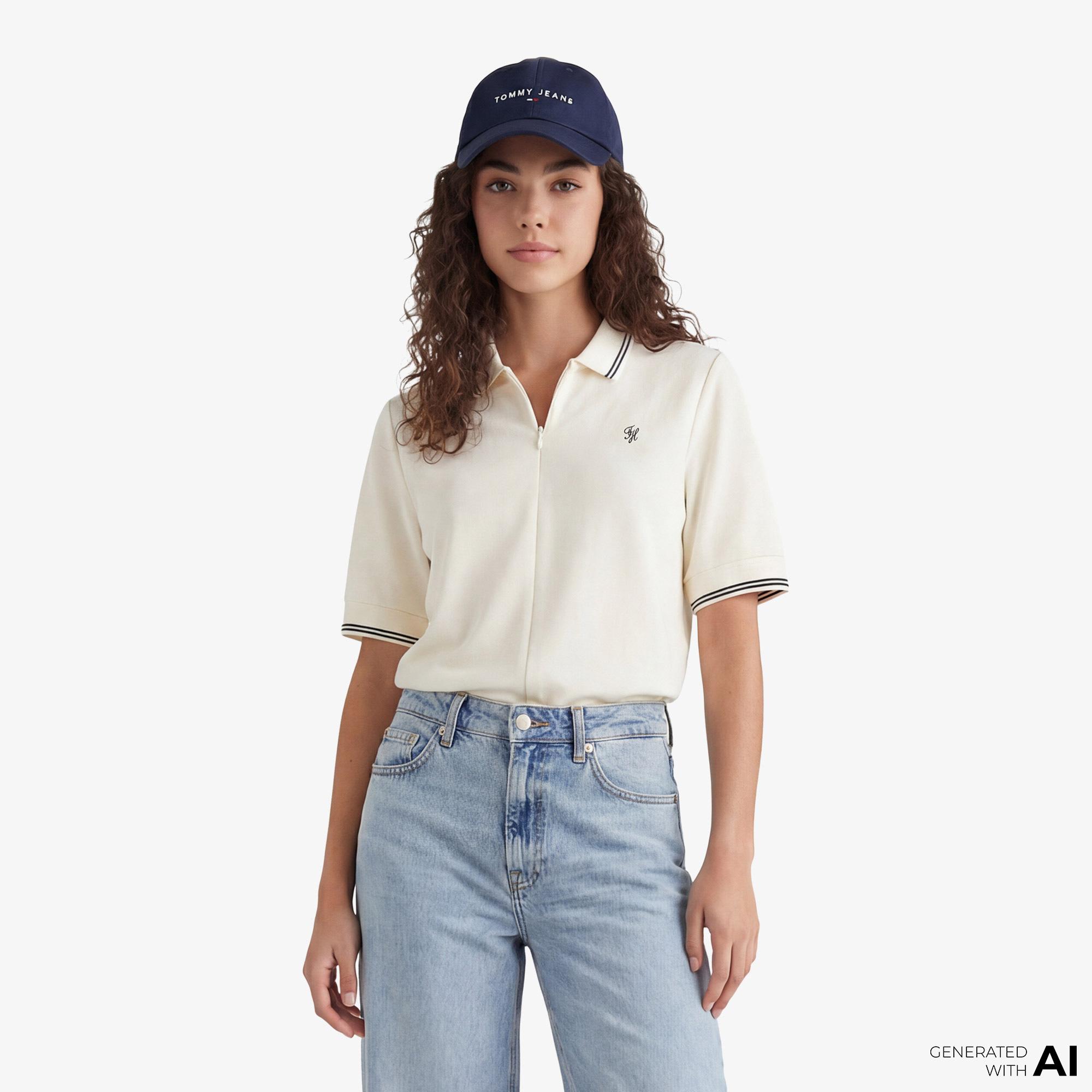 Tommy Hilfiger Script Liyosel Kadın Bej Polo Yaka T-Shirt