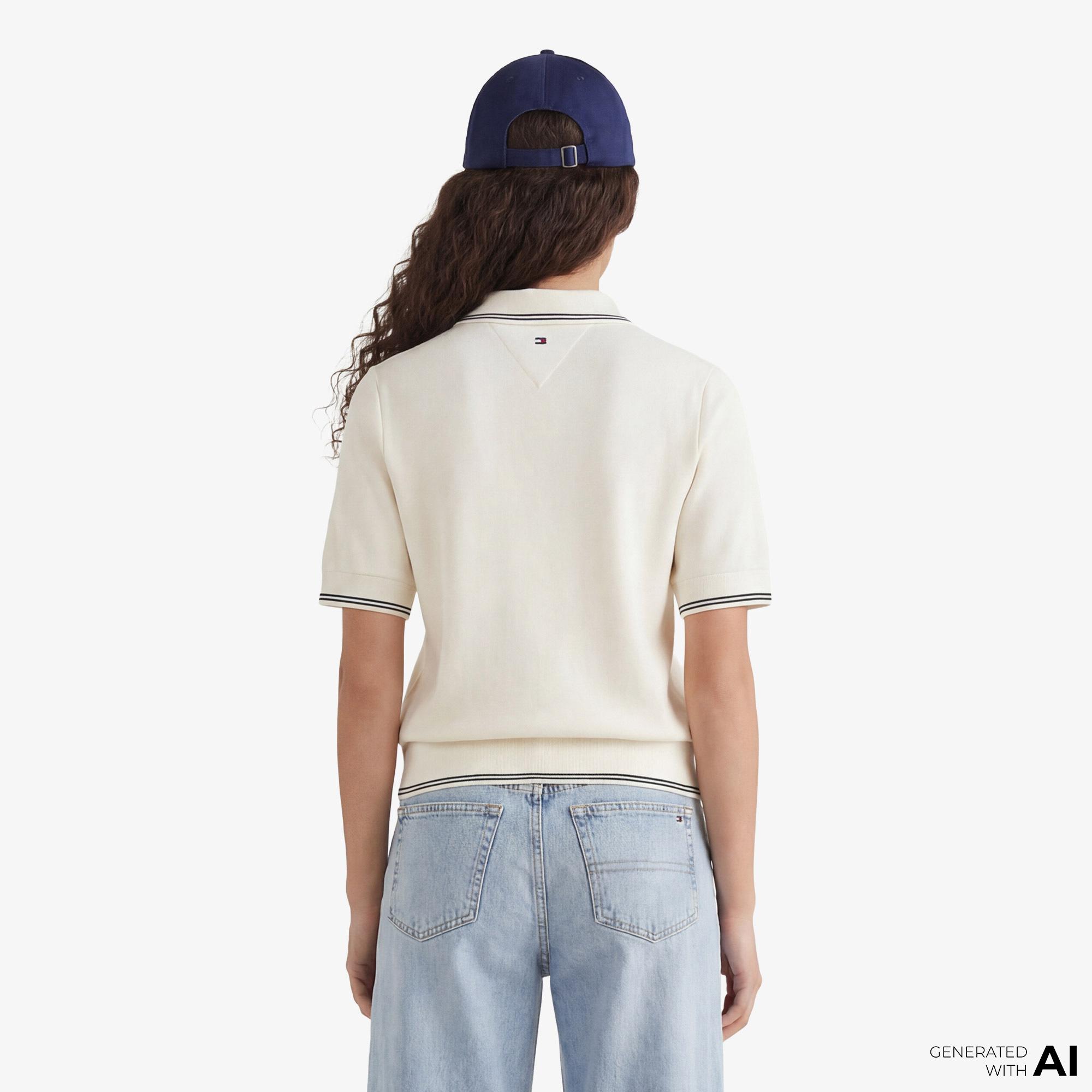 Tommy Hilfiger Script Liyosel Kadın Bej Polo Yaka T-Shirt