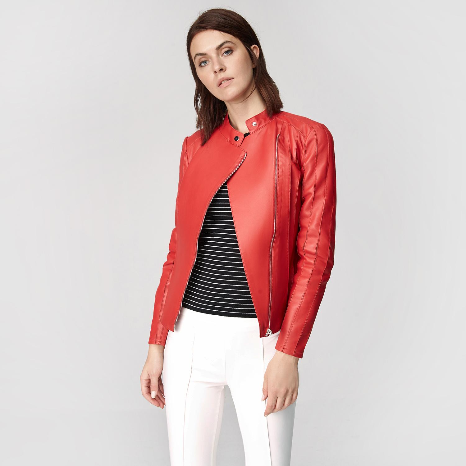 Kadın Kırmızı Deri Fit Panelli Biker Ceket