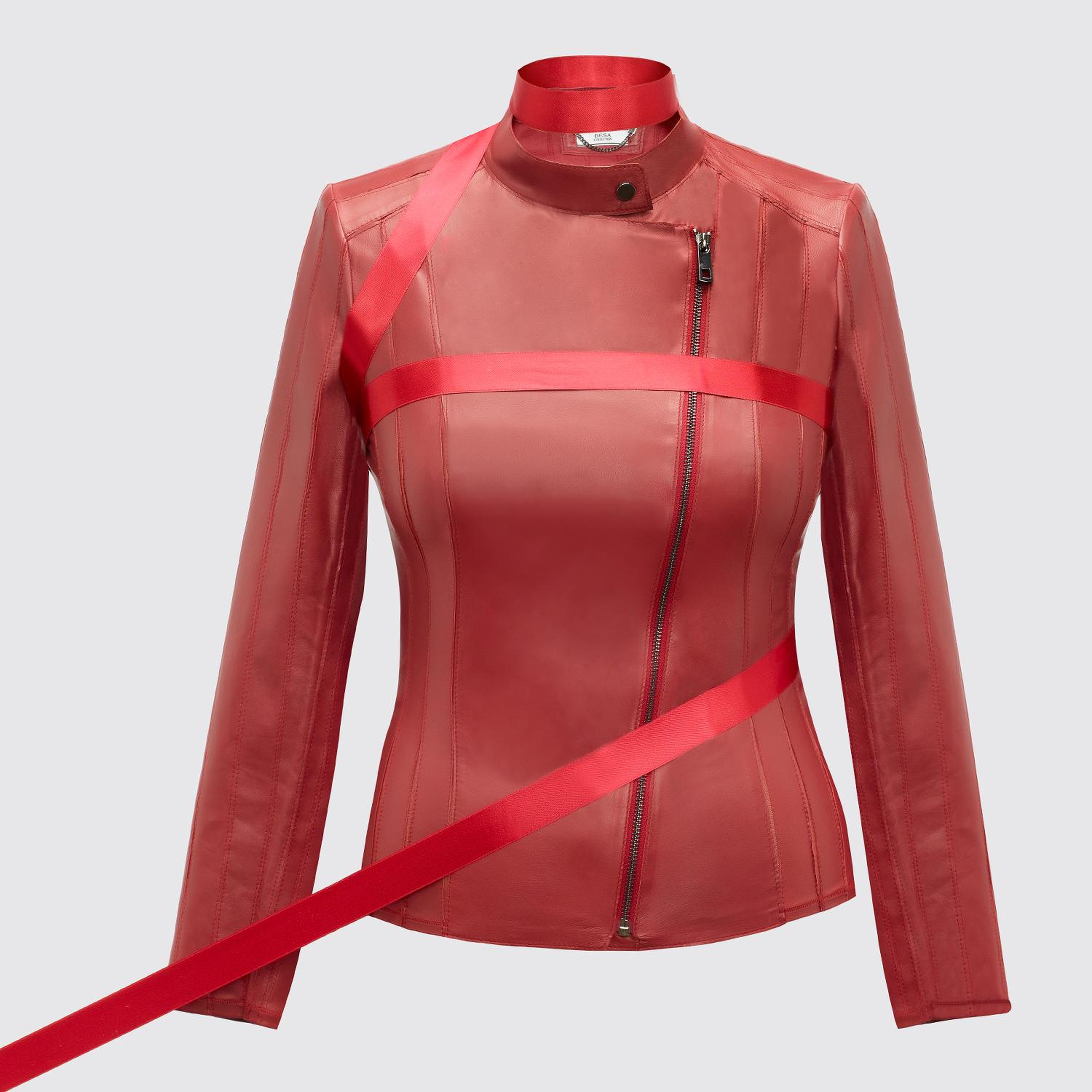 Kadın Kırmızı Deri Fit Panelli Biker Ceket