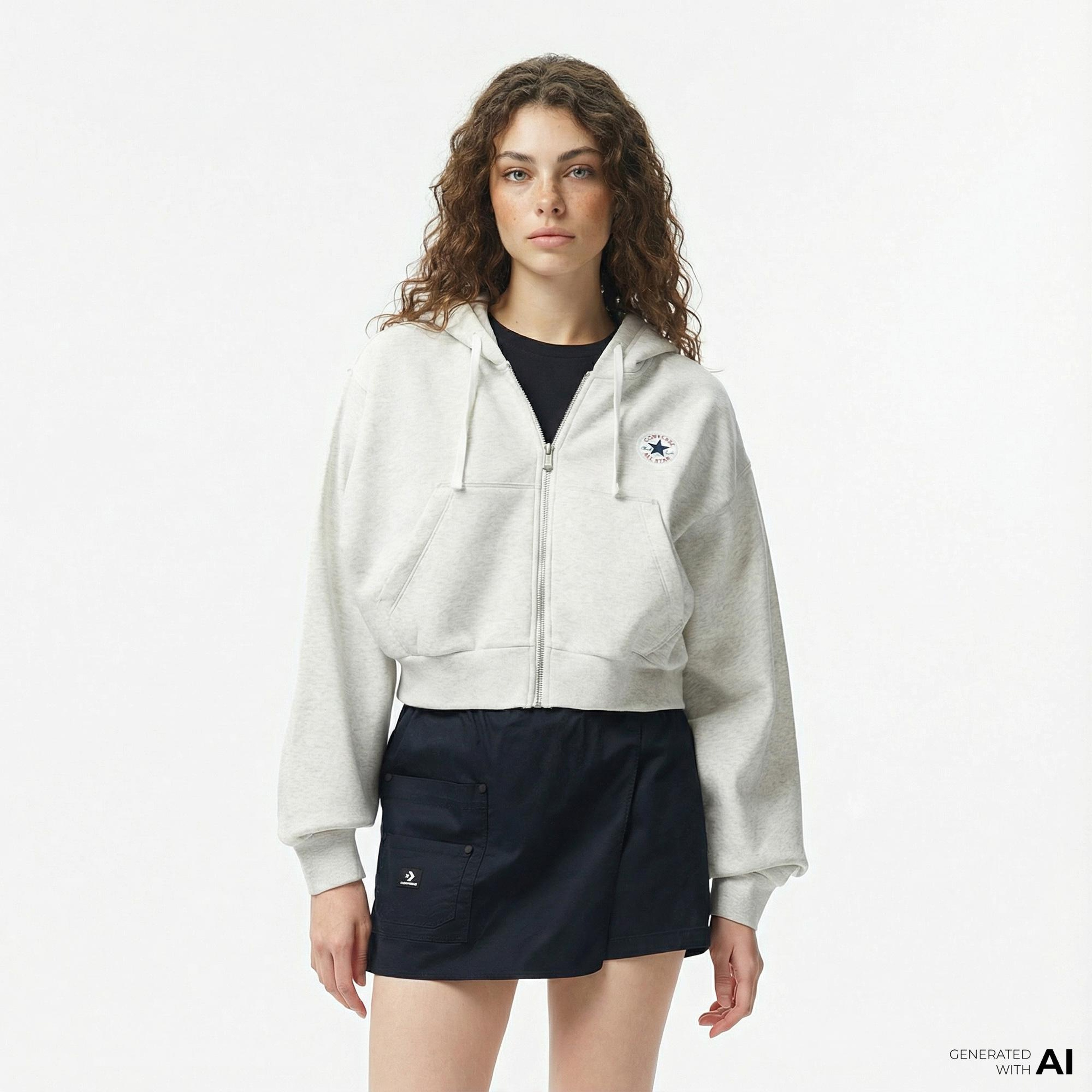 Converse Kadın Baskılı Gri Fermuarlı Hoodie