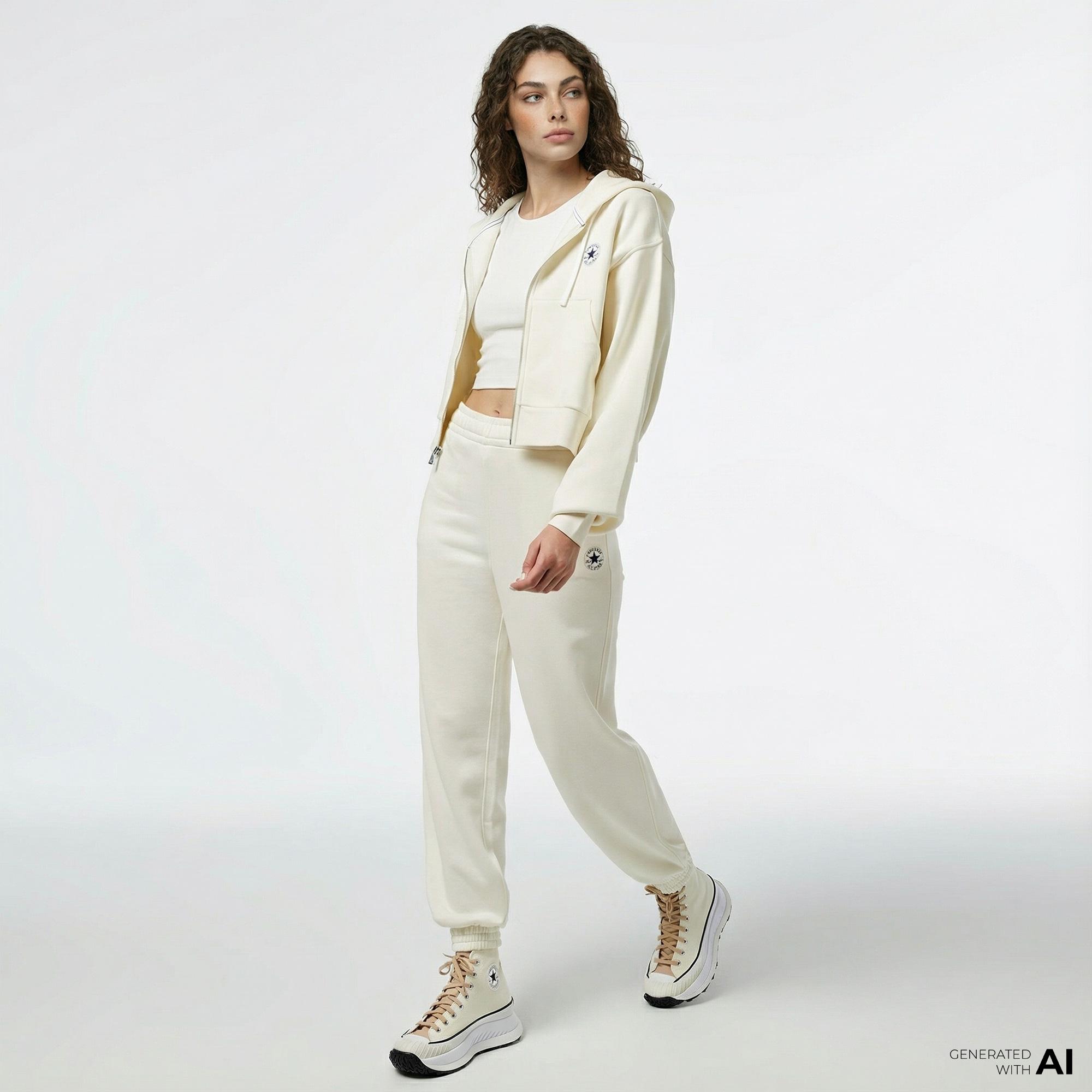 Converse Kadın Baskılı Krem Fermuarlı Hoodie