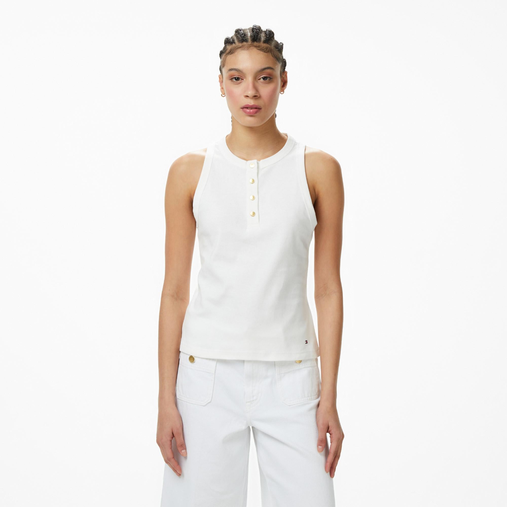 Tommy Hilfiger Gold Button Kadın Beyaz T-Shirt
