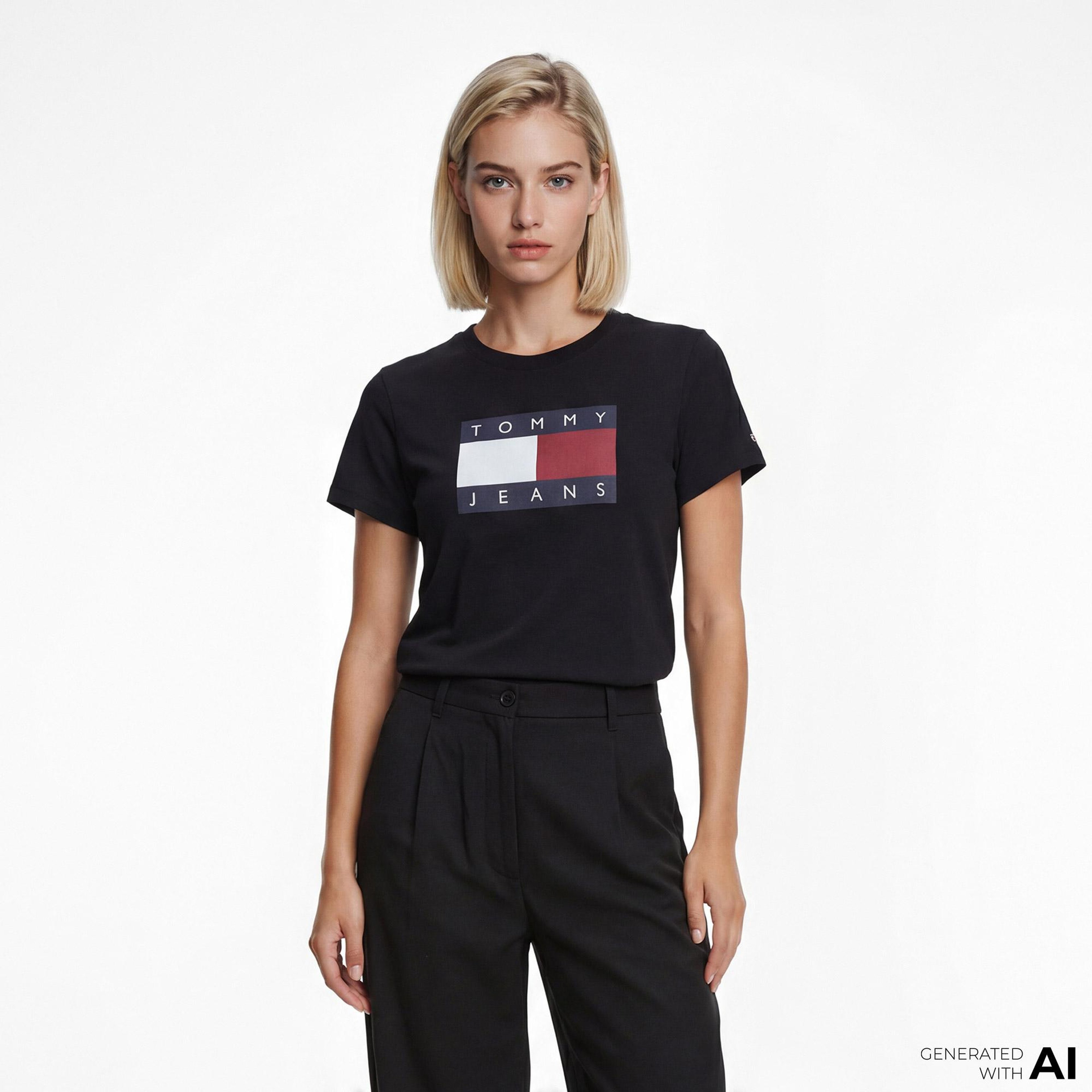 Tommy Hilfiger Flag Kadın Siyah T-Shirt