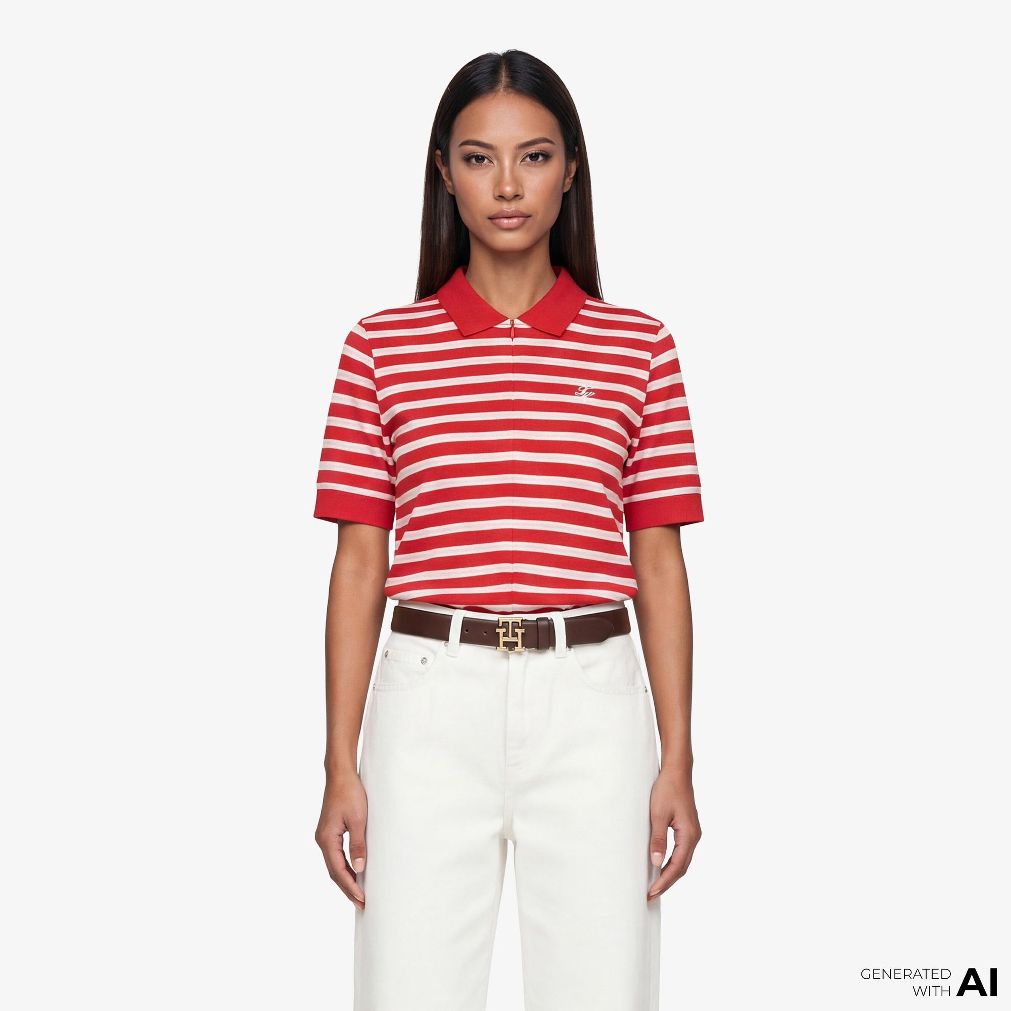 Tommy Hilfiger Script Liyosel Kadın Kırmızı Polo Yaka T-Shirt