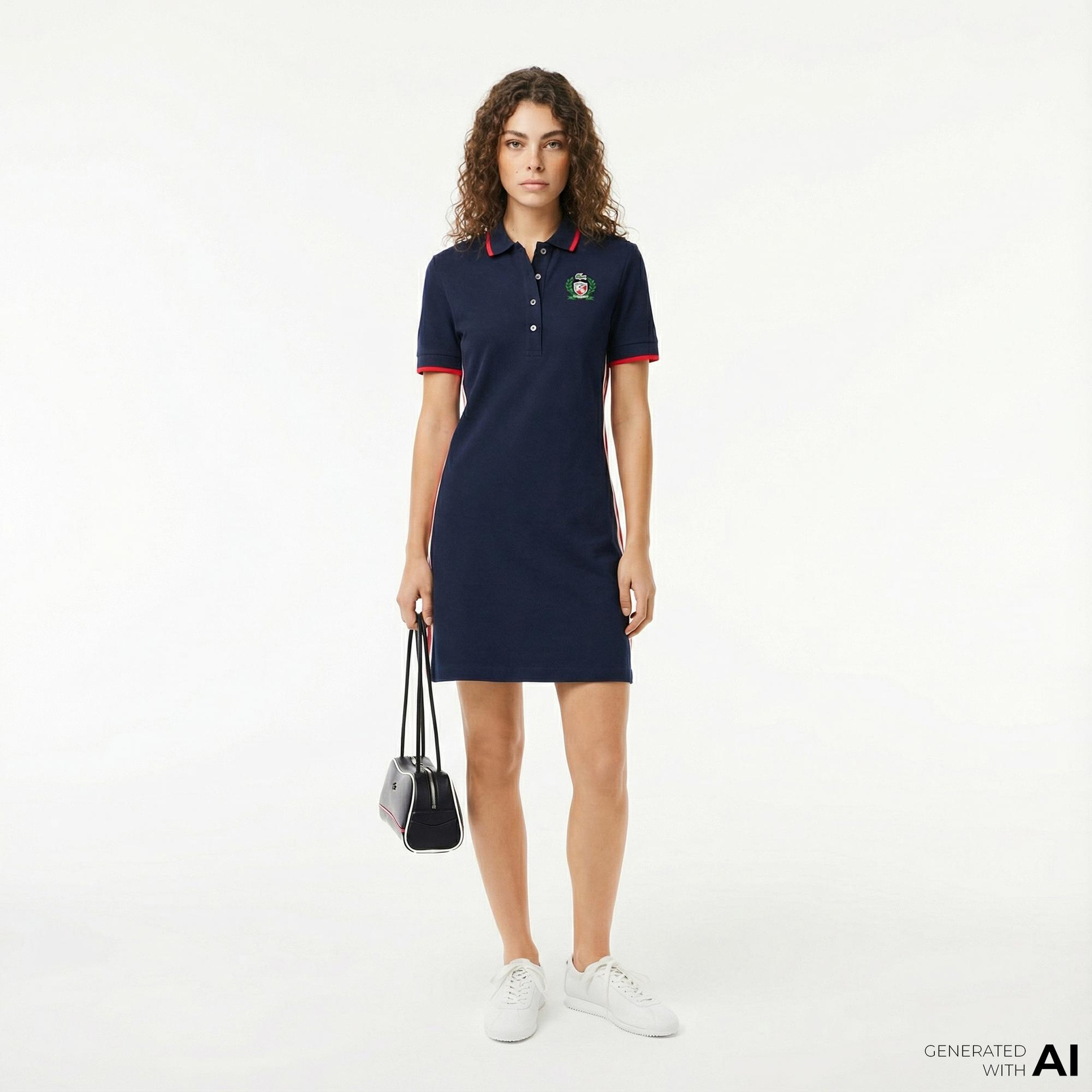 Lacoste Kadın Slim Fit Kısa Kollu Polo Yaka Renk Bloklu Lacivert Elbise