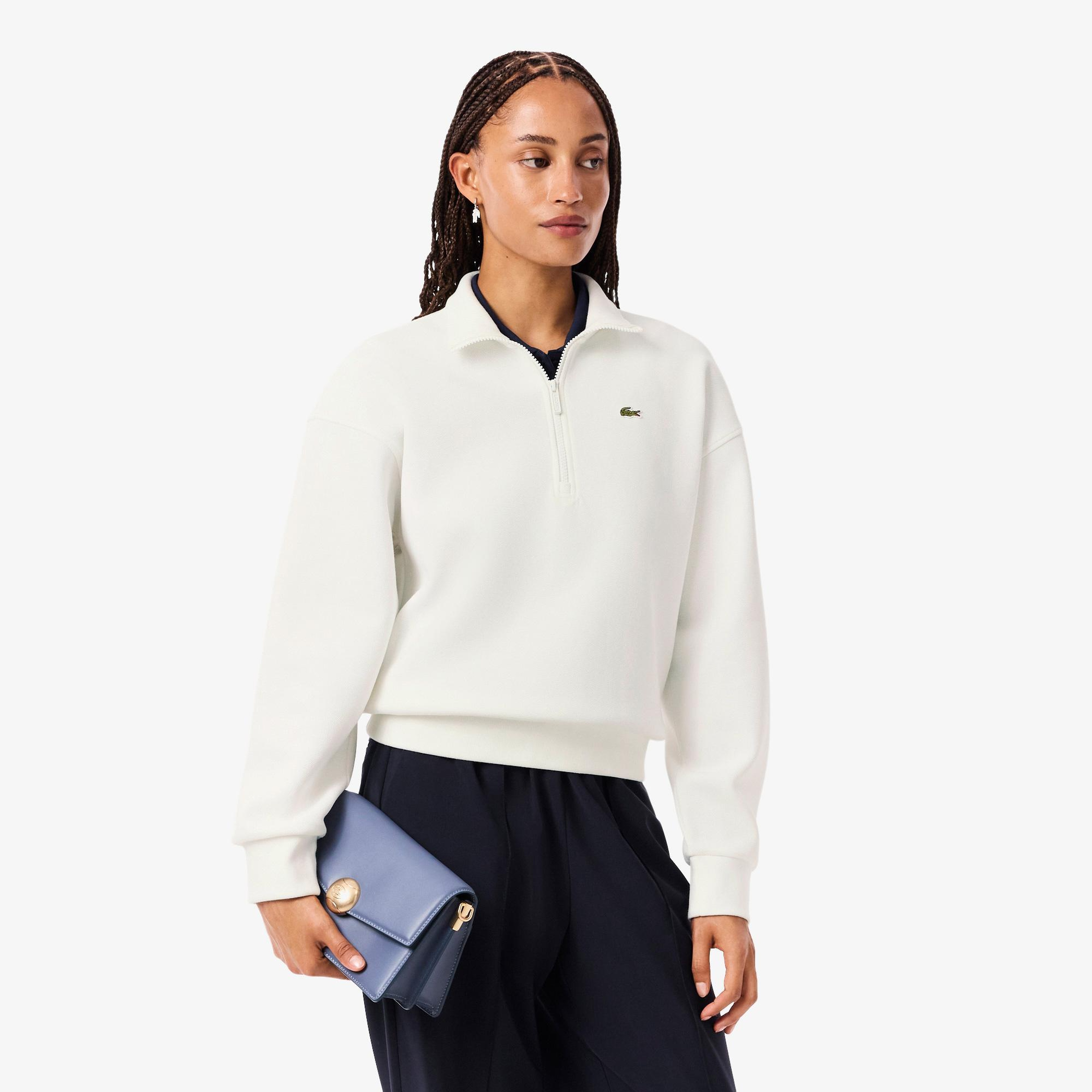 Lacoste Kadın Relaxed Fit Yarım Fermuarlı Beyaz Sweatshirt