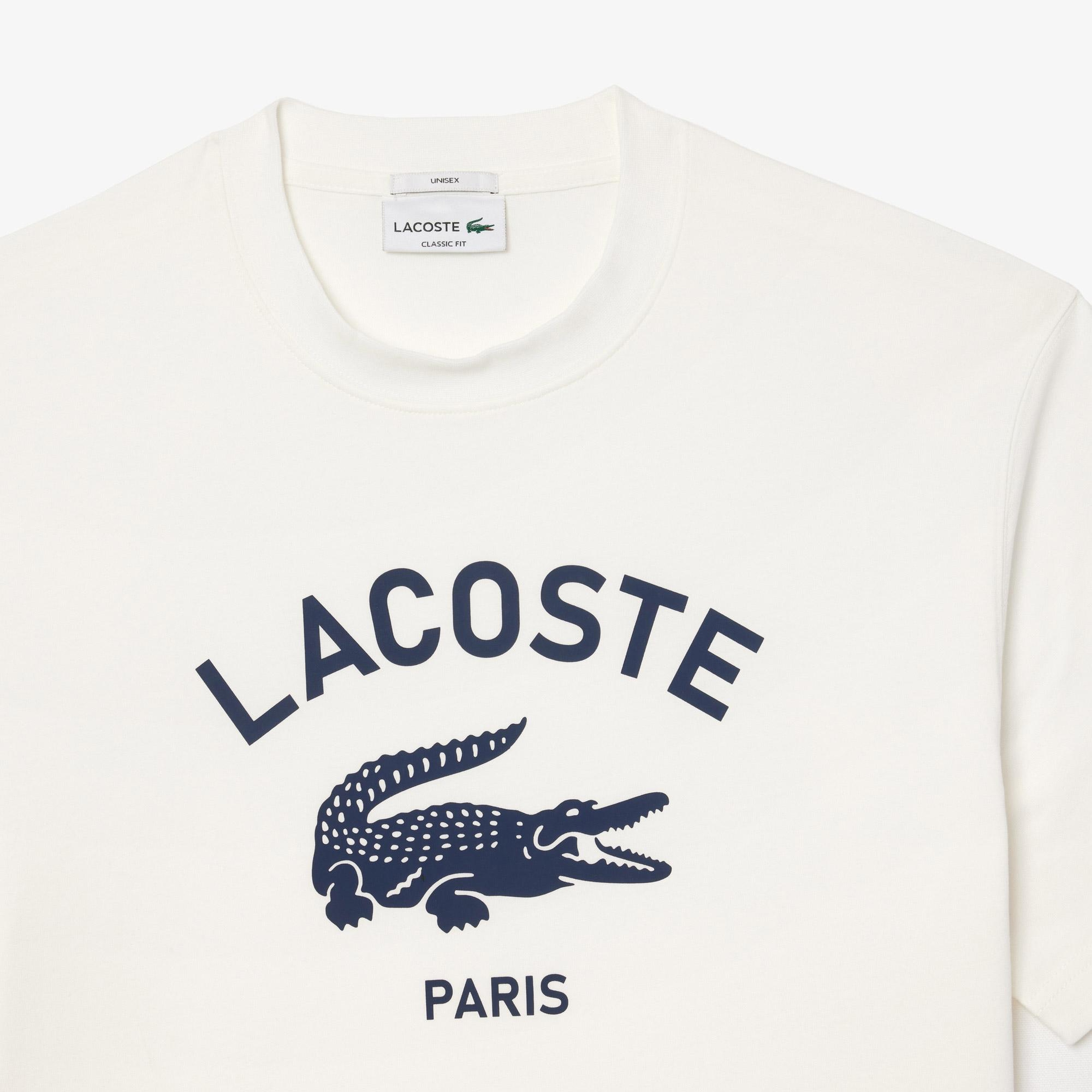 Lacoste Unisex Classic Fit Bisiklet Yaka Baskılı Beyaz T-Shirt