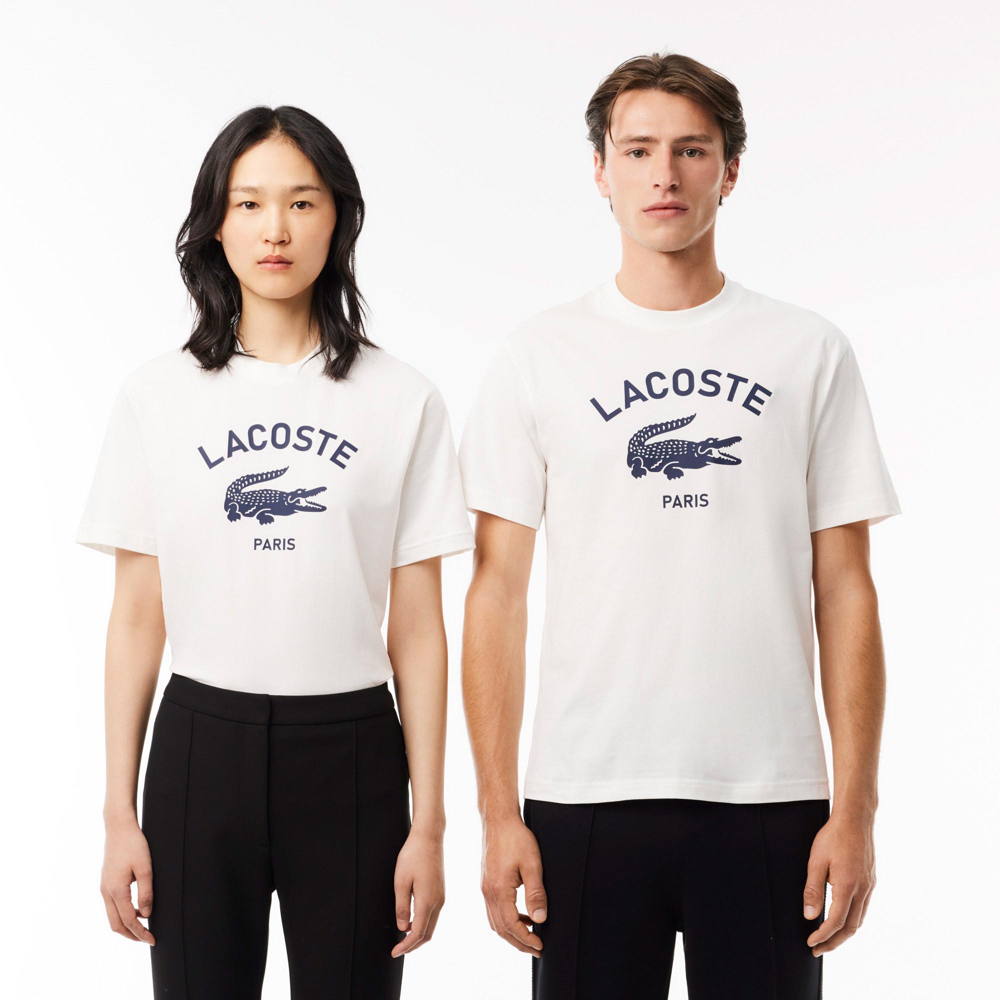 Lacoste Unisex Classic Fit Bisiklet Yaka Baskılı Beyaz T-Shirt