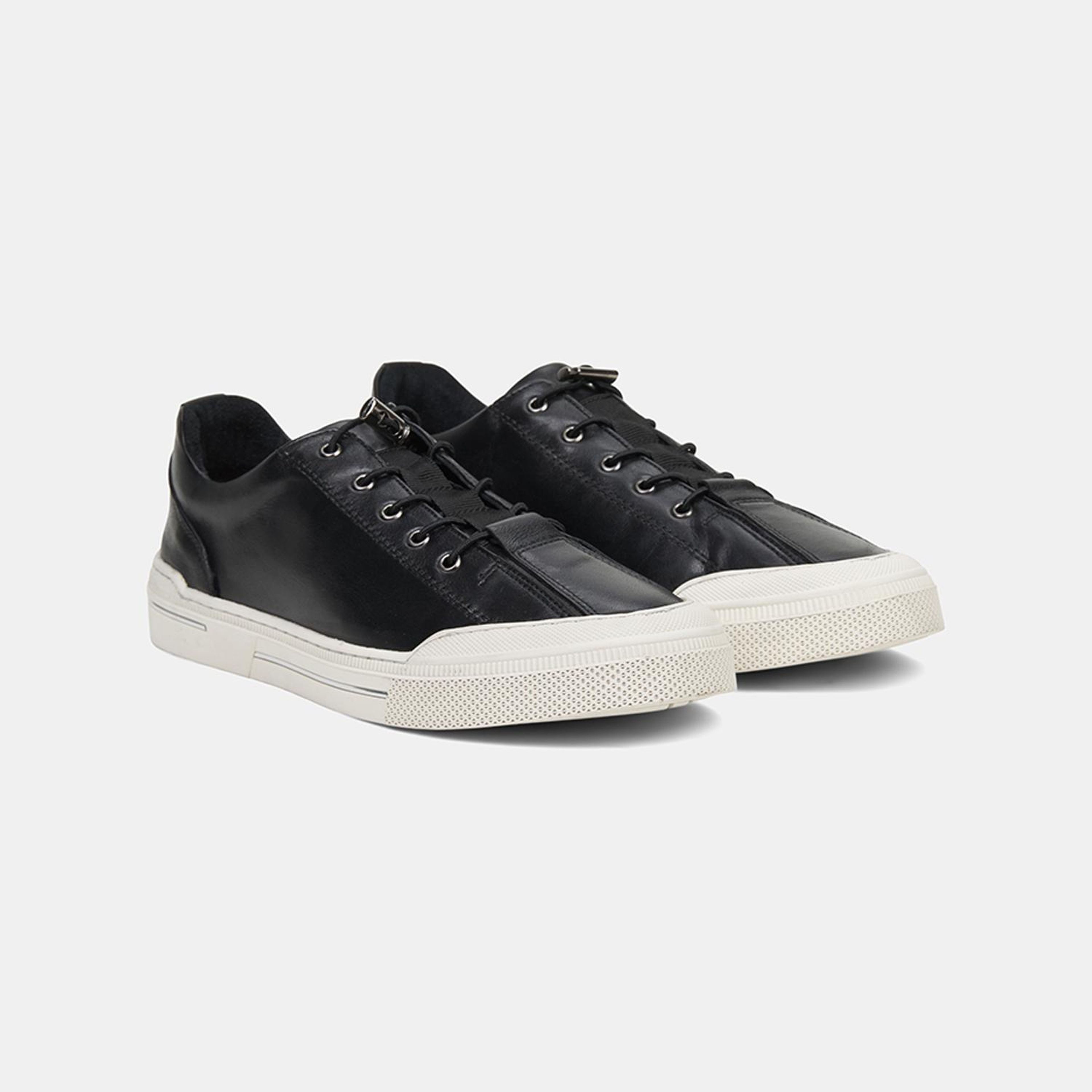 Erkek Siyah Lastik Bağcıklı Deri Sneaker