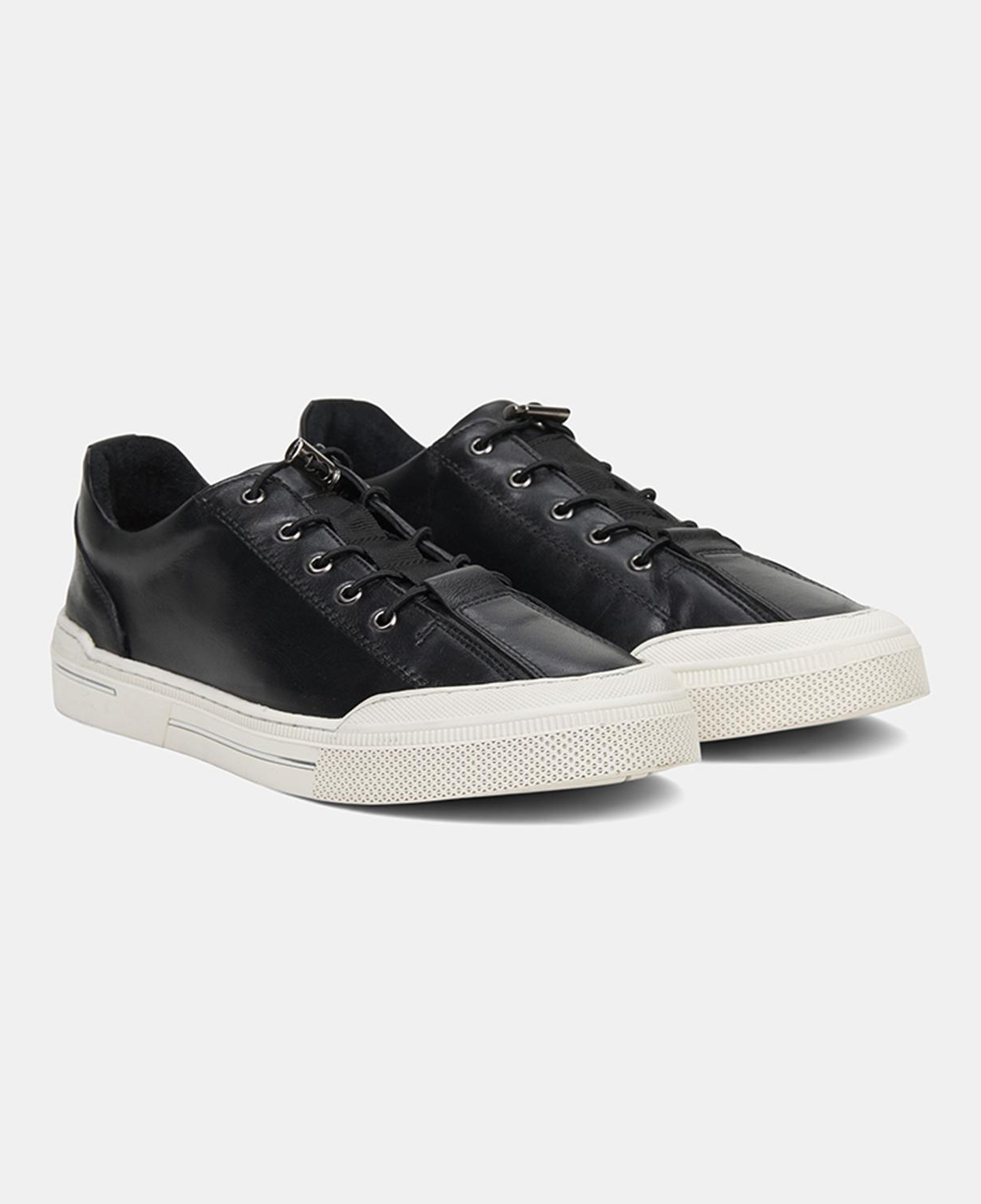 Erkek Siyah Lastik Bağcıklı Deri Sneaker