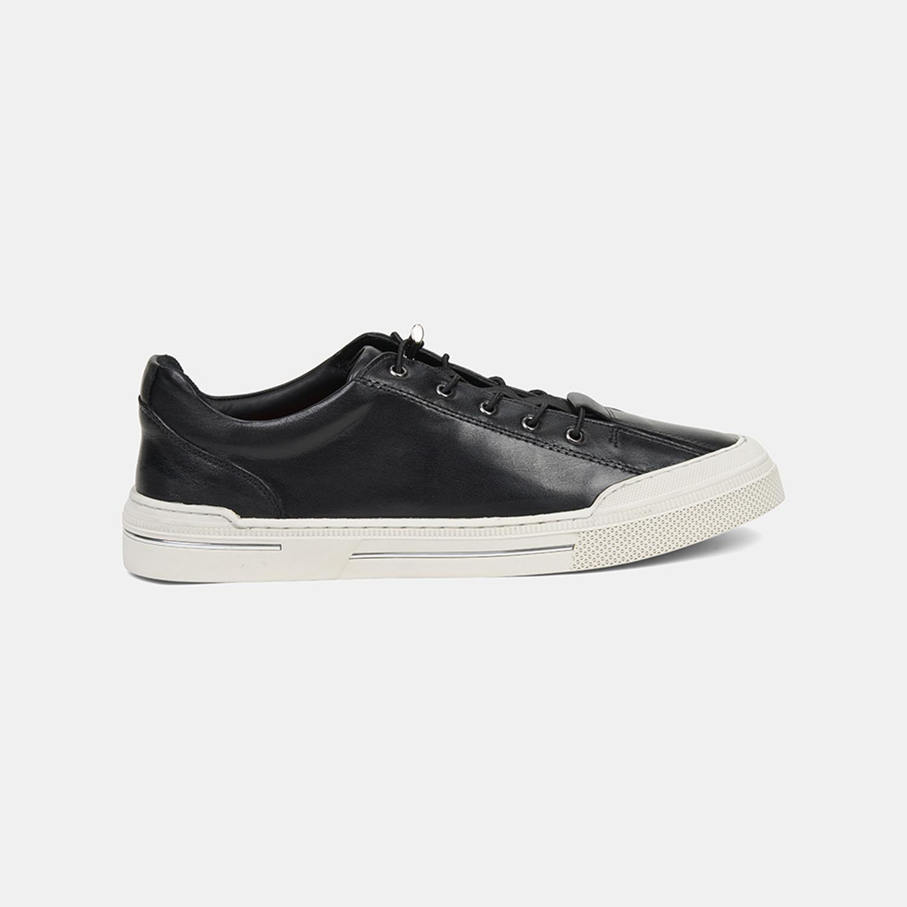 Erkek Siyah Lastik Bağcıklı Deri Sneaker