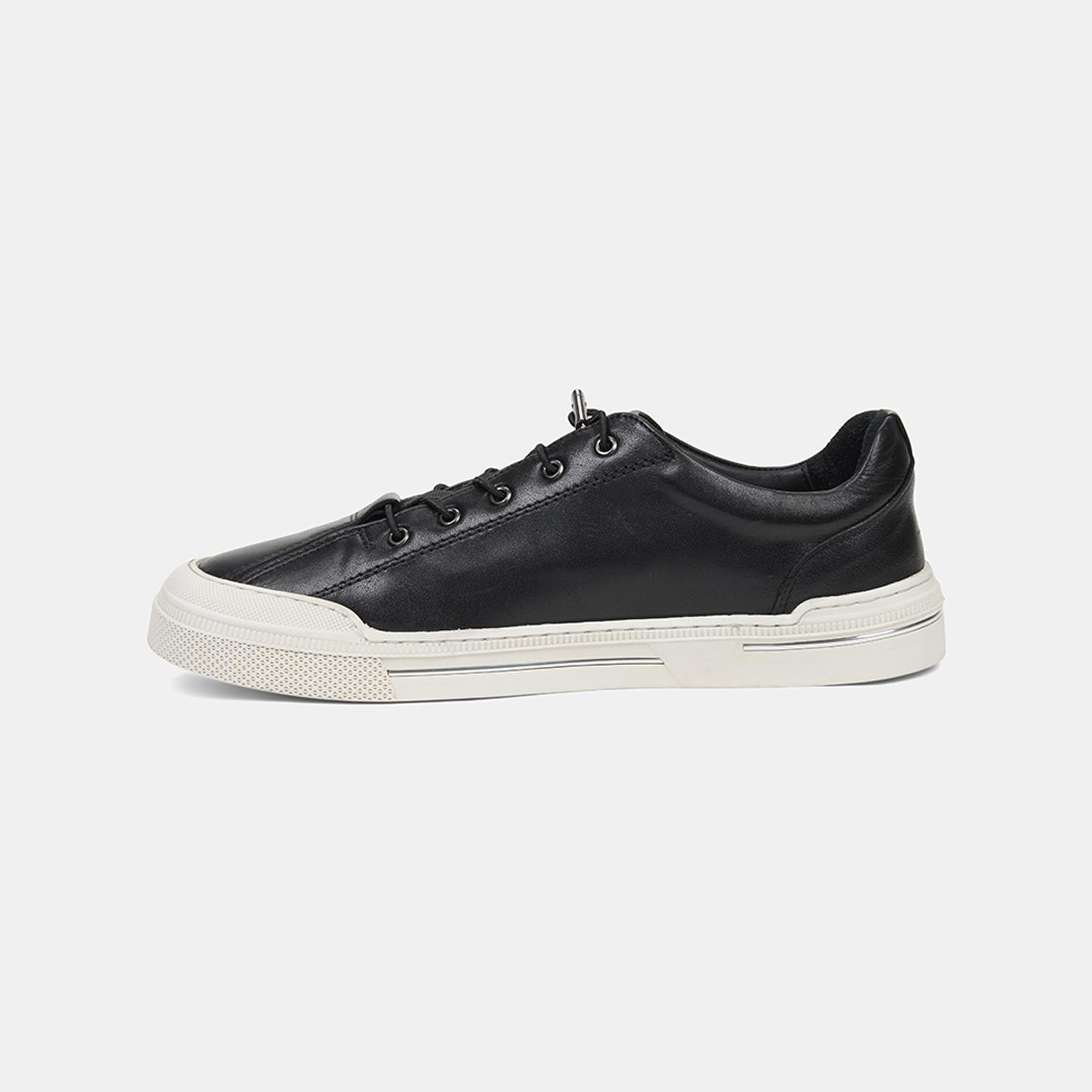 Erkek Siyah Lastik Bağcıklı Deri Sneaker
