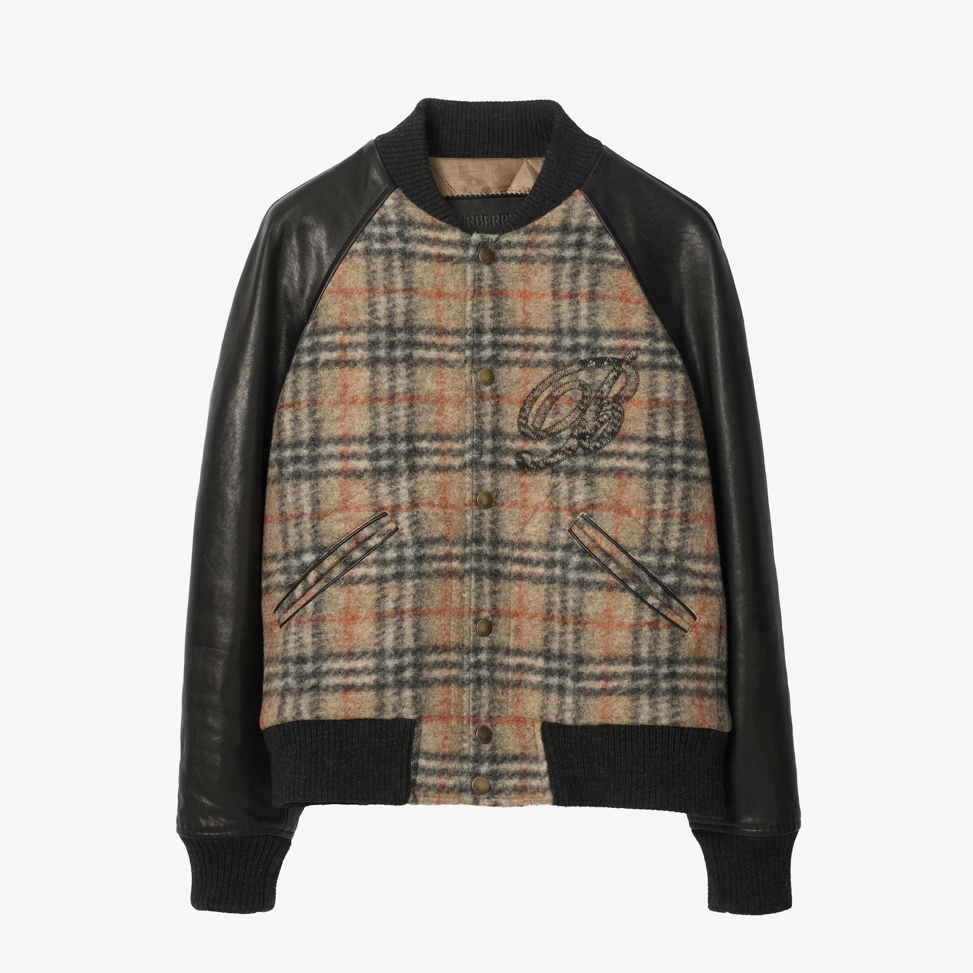 Burberry Check Wool And Leather Bomber Erkek Bej Bomber Mont