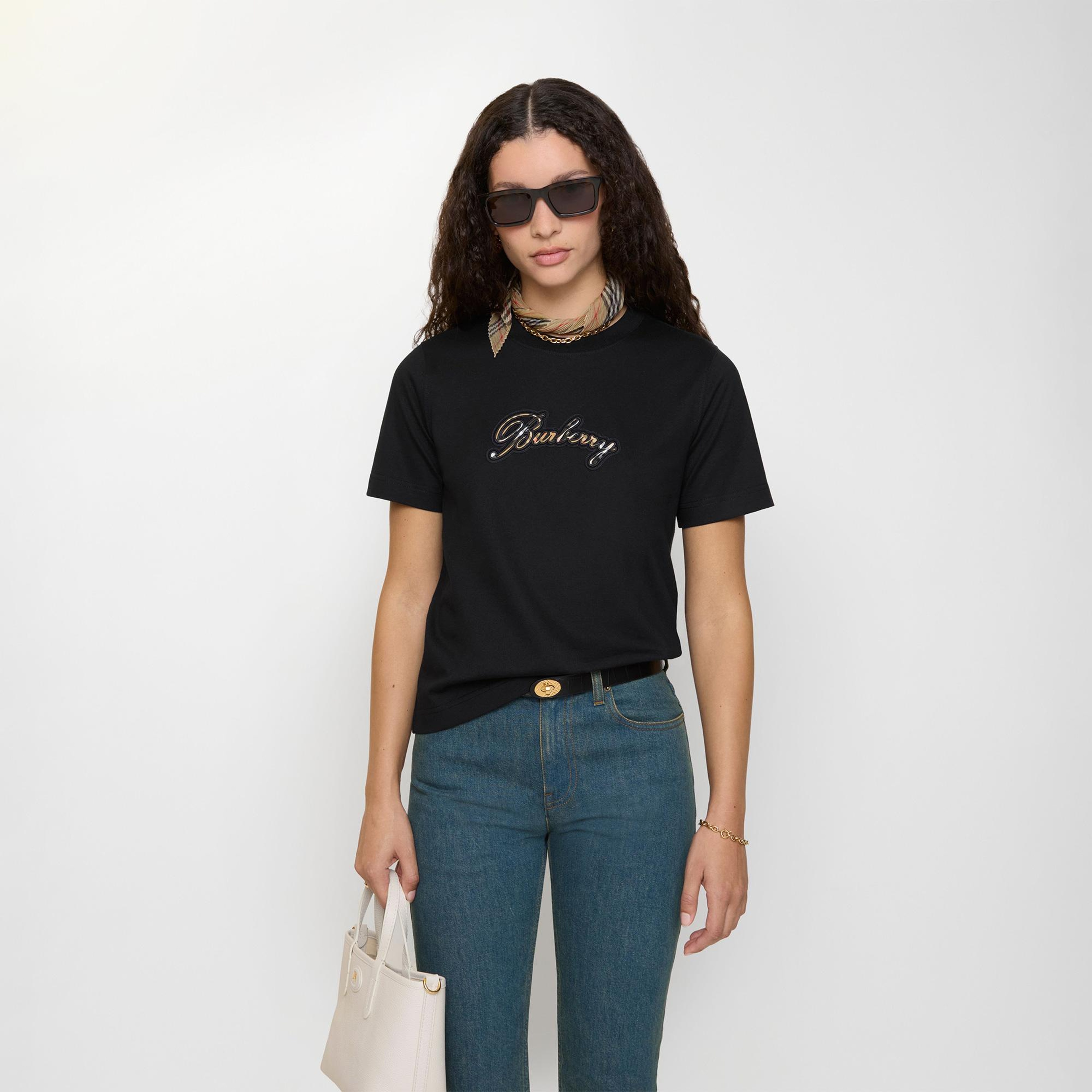 Burberry Check Cursive Logo Cotton Kadın Siyah T-Shirt