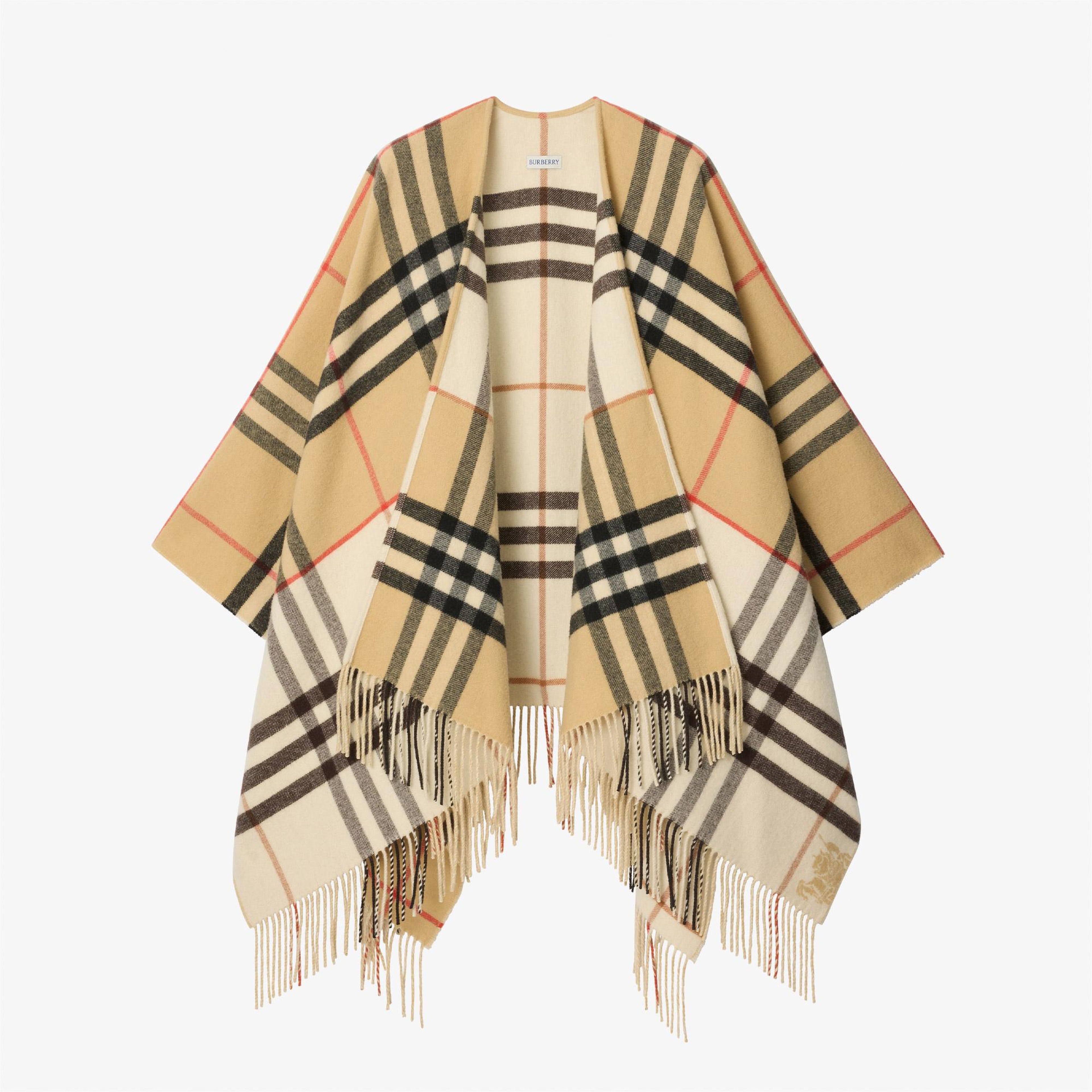 Burberry Contrast Check Cashmere Wool Kadın Krem Panço