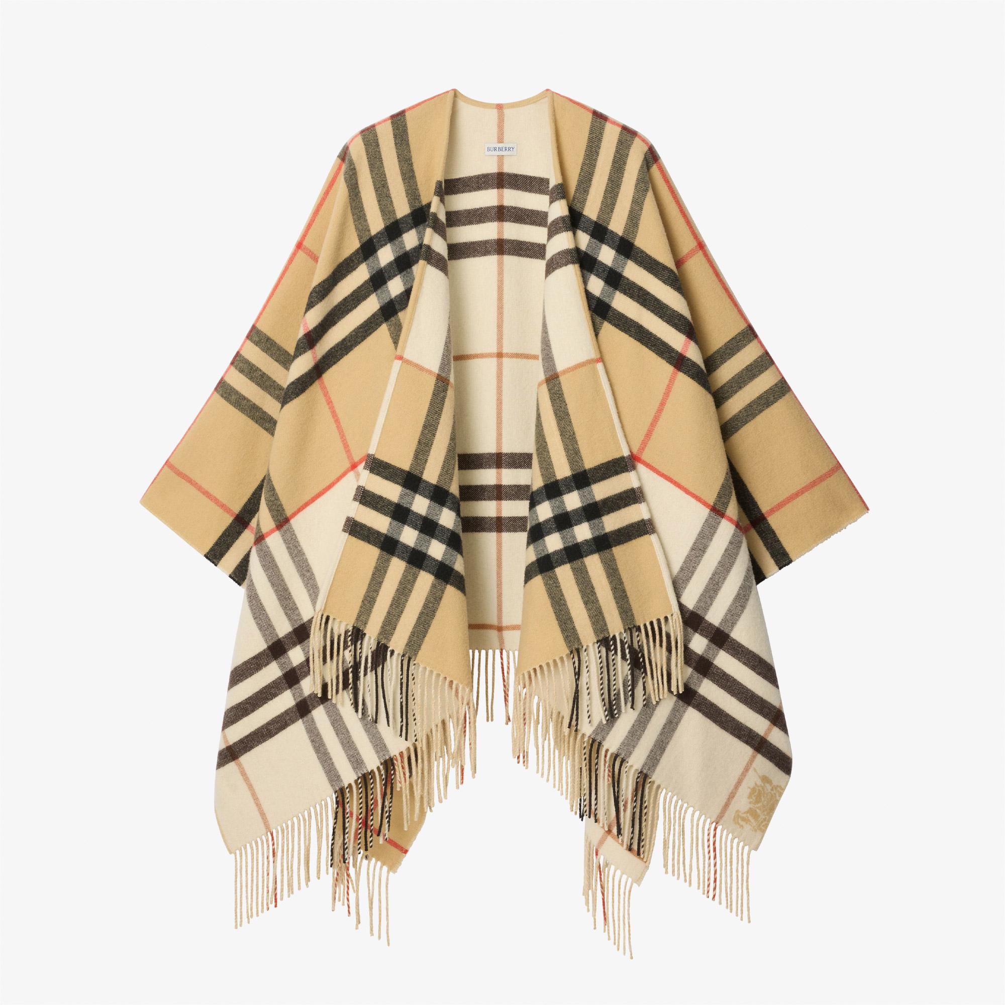 Burberry Contrast Check Cashmere Wool Kadın Krem Panço