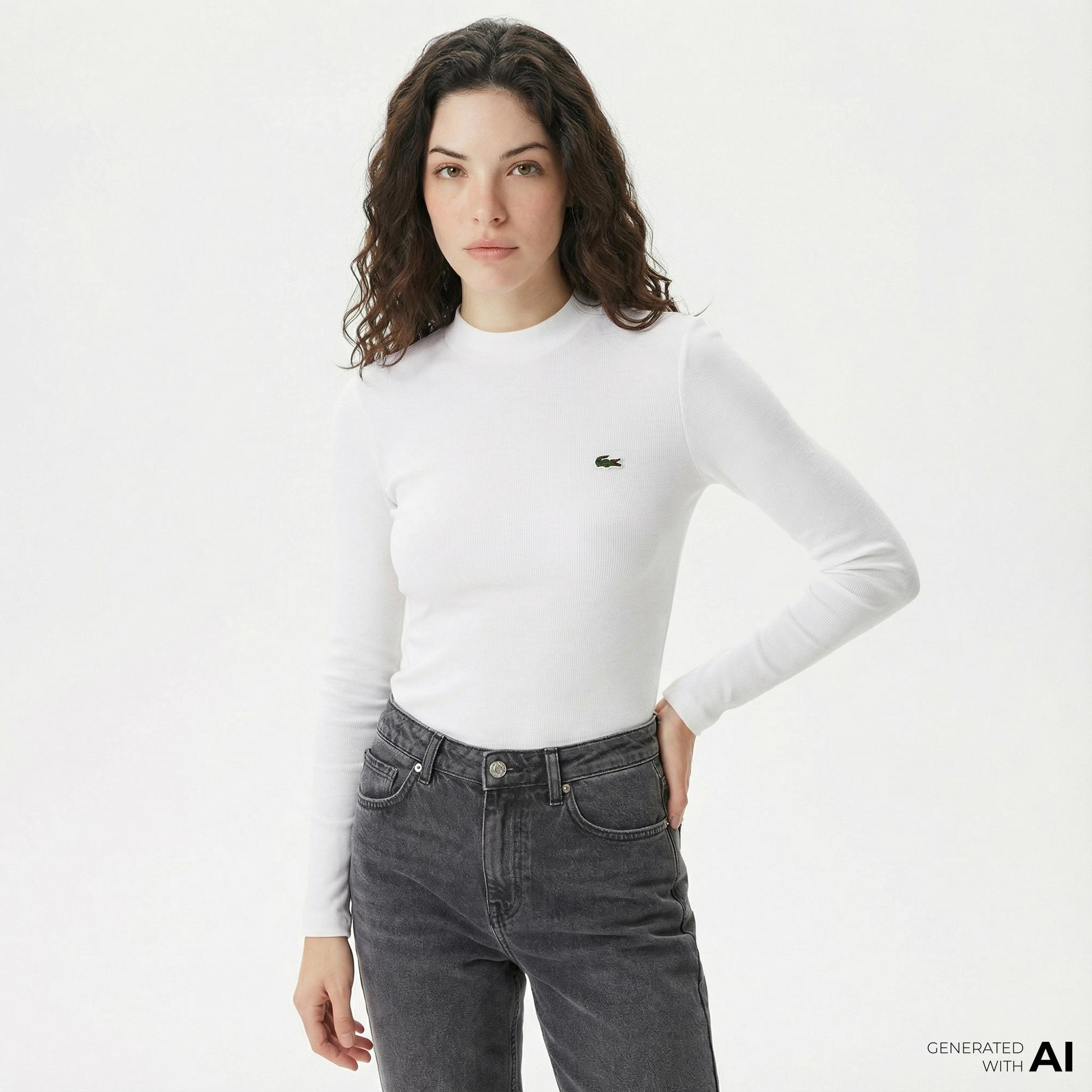 Lacoste Kadın Slim Fit Uzun Kollu Bisiklet Yaka Beyaz T-Shirt