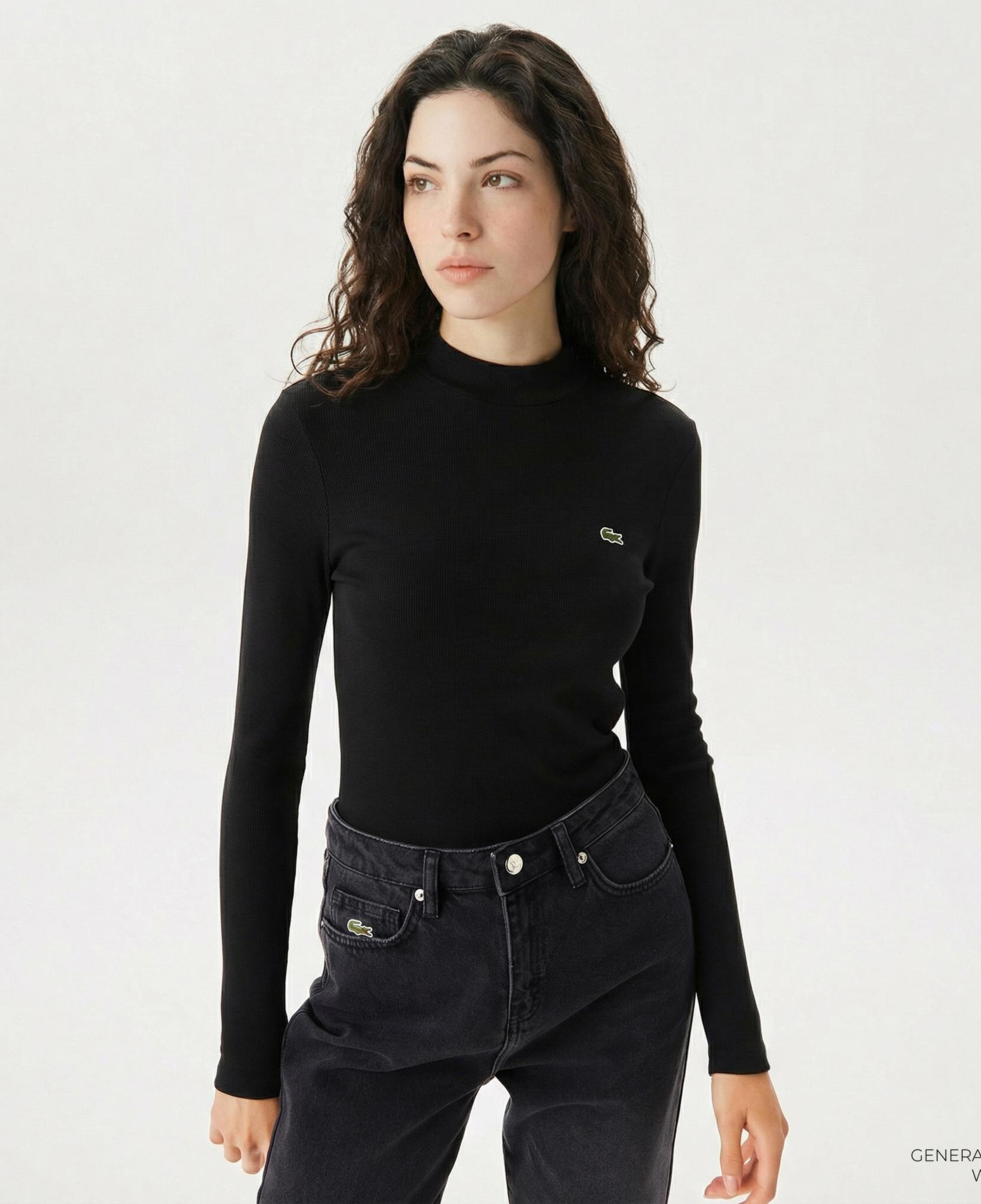 Lacoste Kadın Slim Fit Uzun Kollu Bisiklet Yaka Siyah T-Shirt