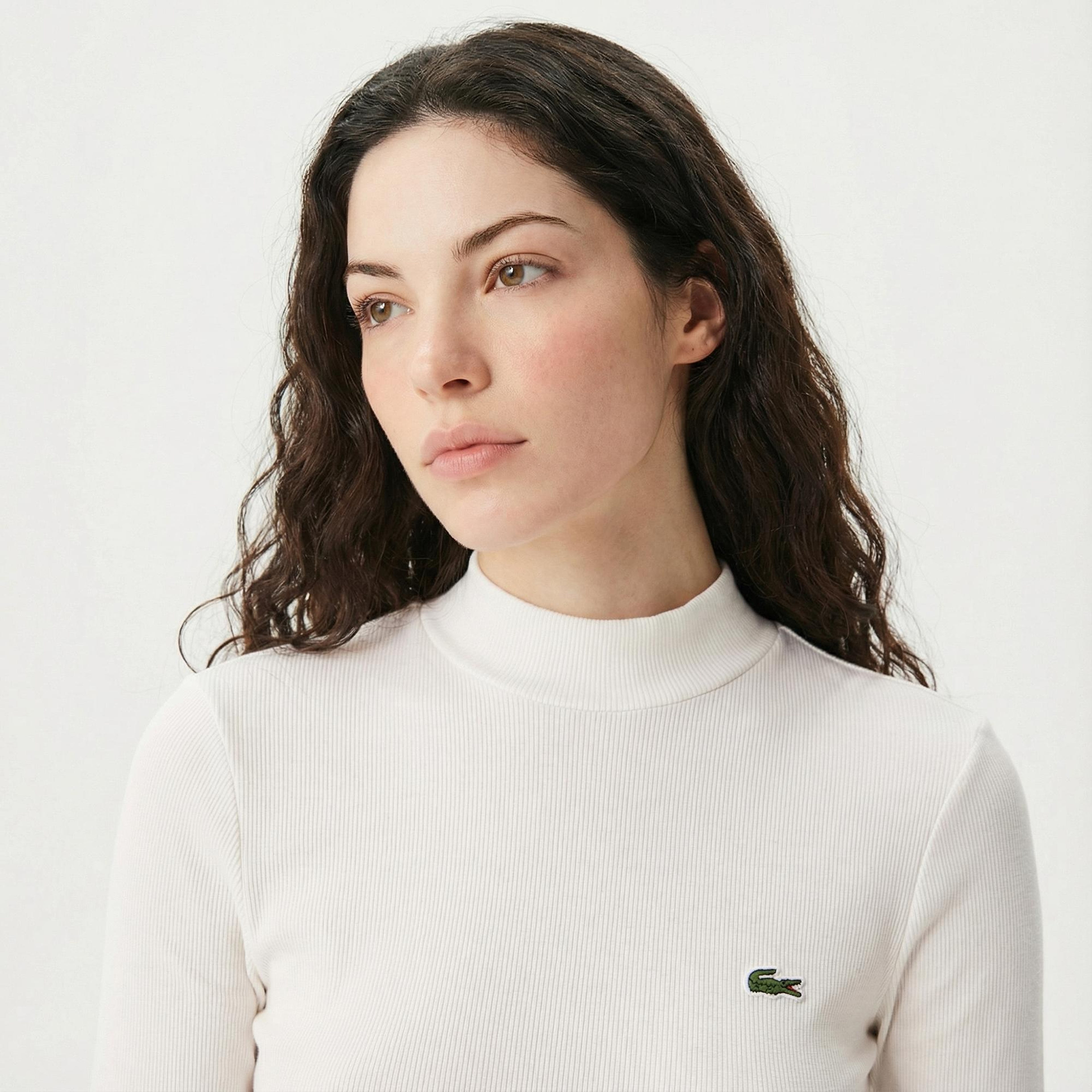 Lacoste Kadın Slim Fit Uzun Kollu Bisiklet Yaka Beyaz T-Shirt