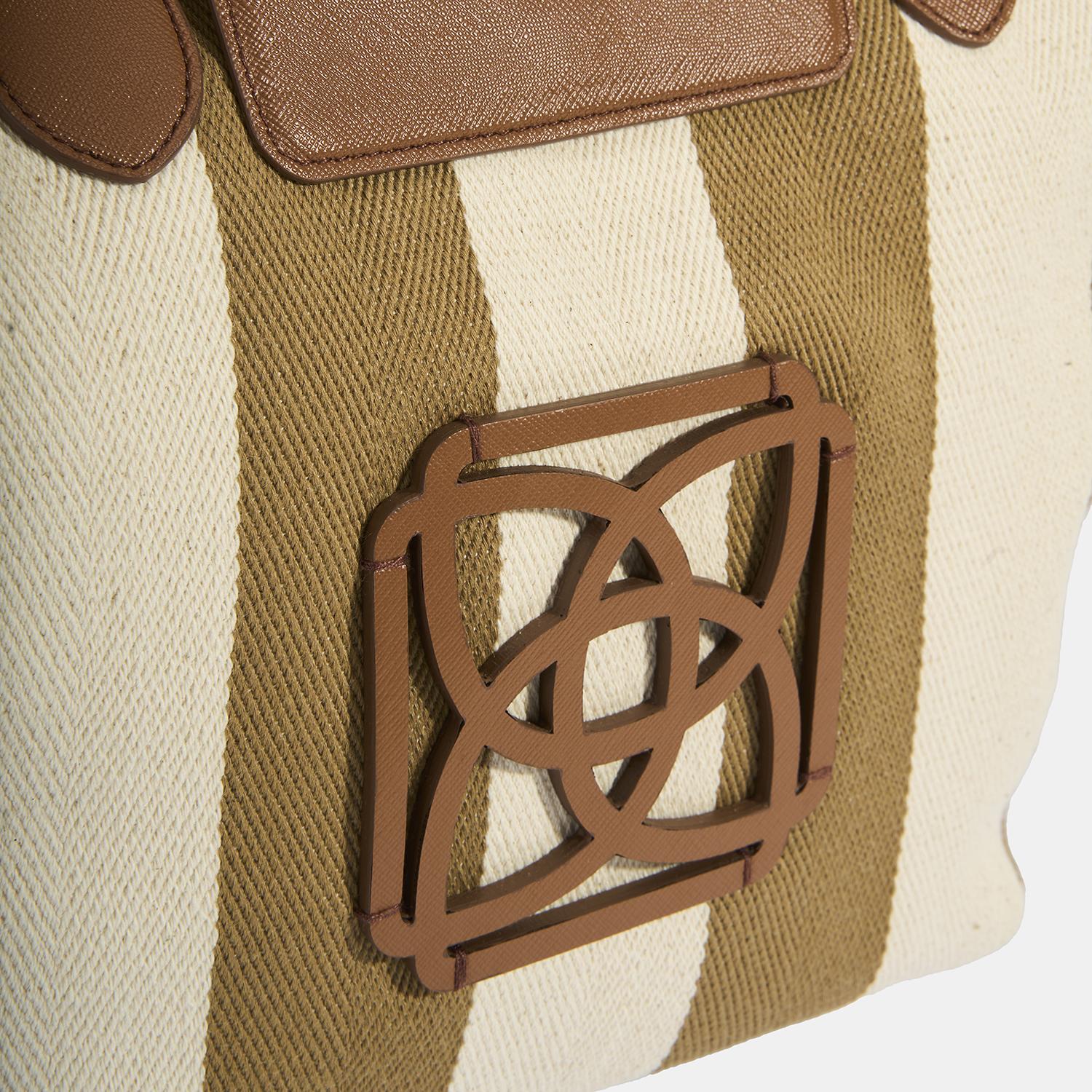 Kadın Monogram Logolu Vizon Çizgili Kumaş Midi Omuz Çantası