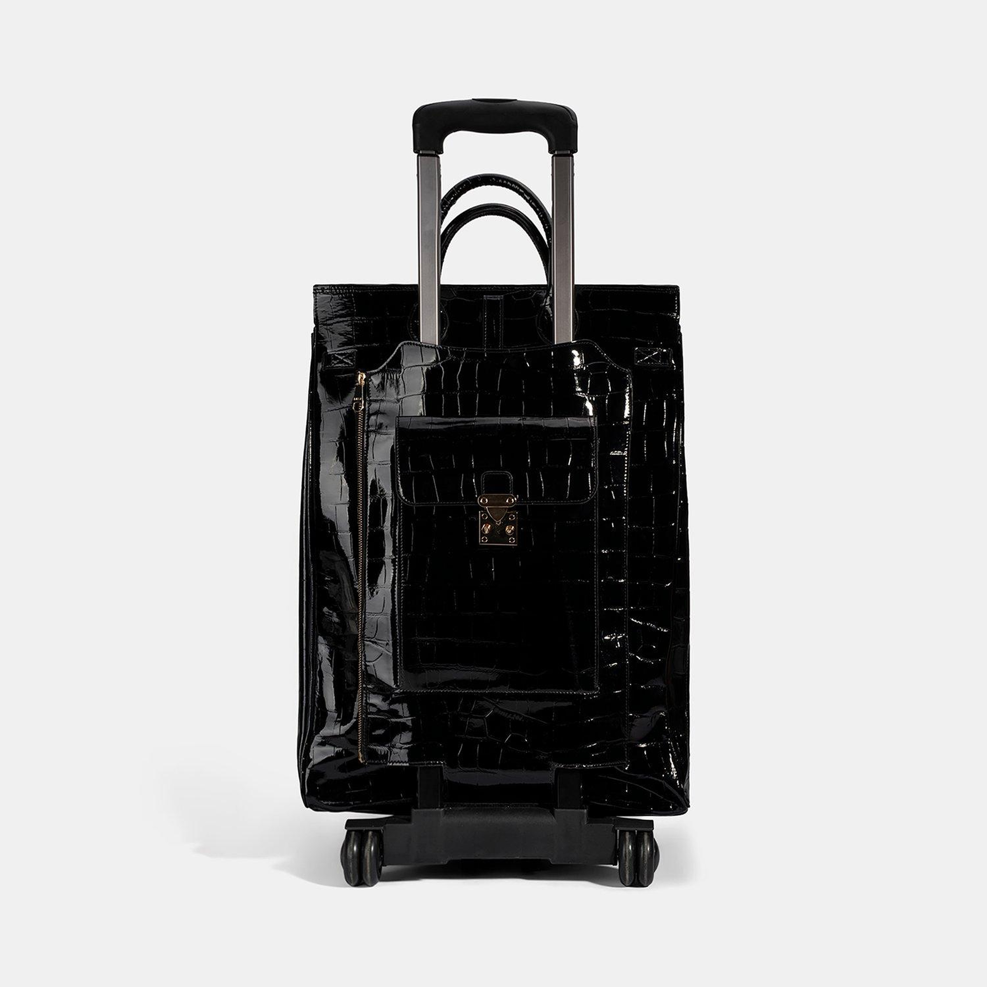 Siyah Kroko Baskılı Rugan Deri Kabin Valiz