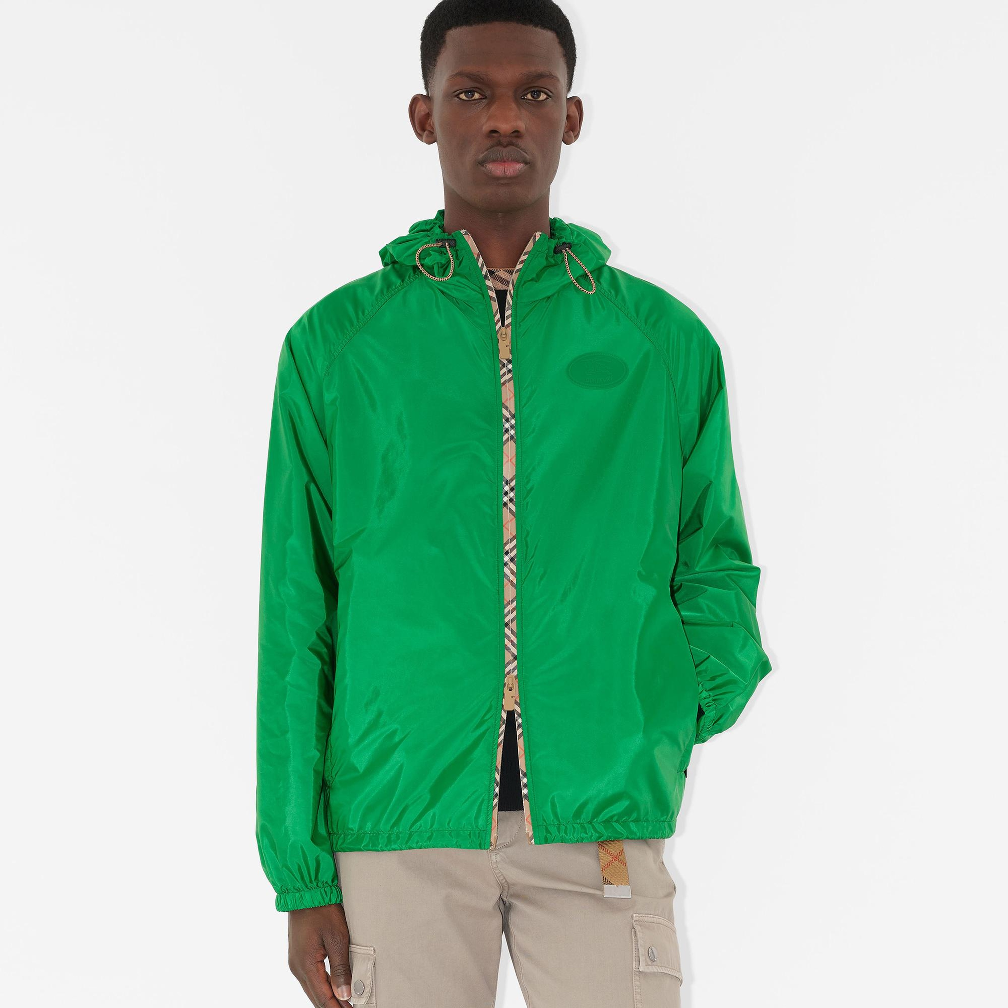 Burberry Check Trim Nylon Hooded Erkek Yeşil Mont