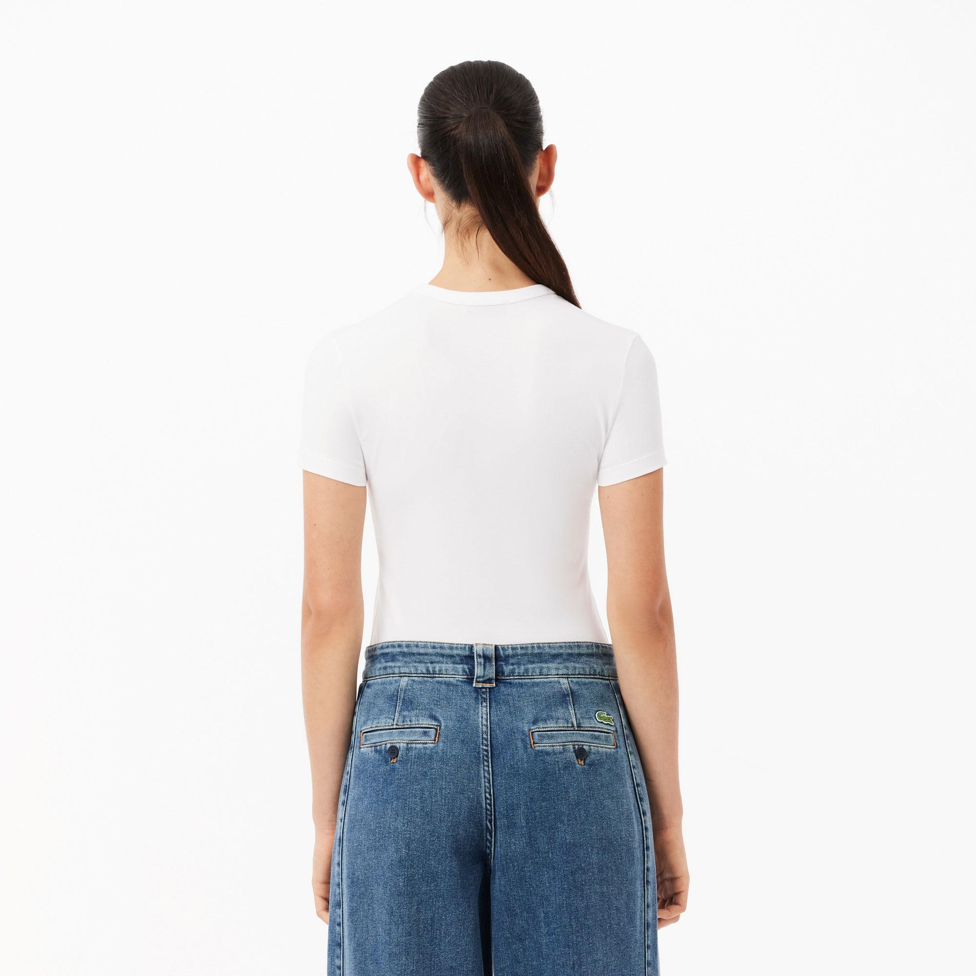 Lacoste Kadın Slim Fit Bisiklet Yaka Beyaz T-Shirt