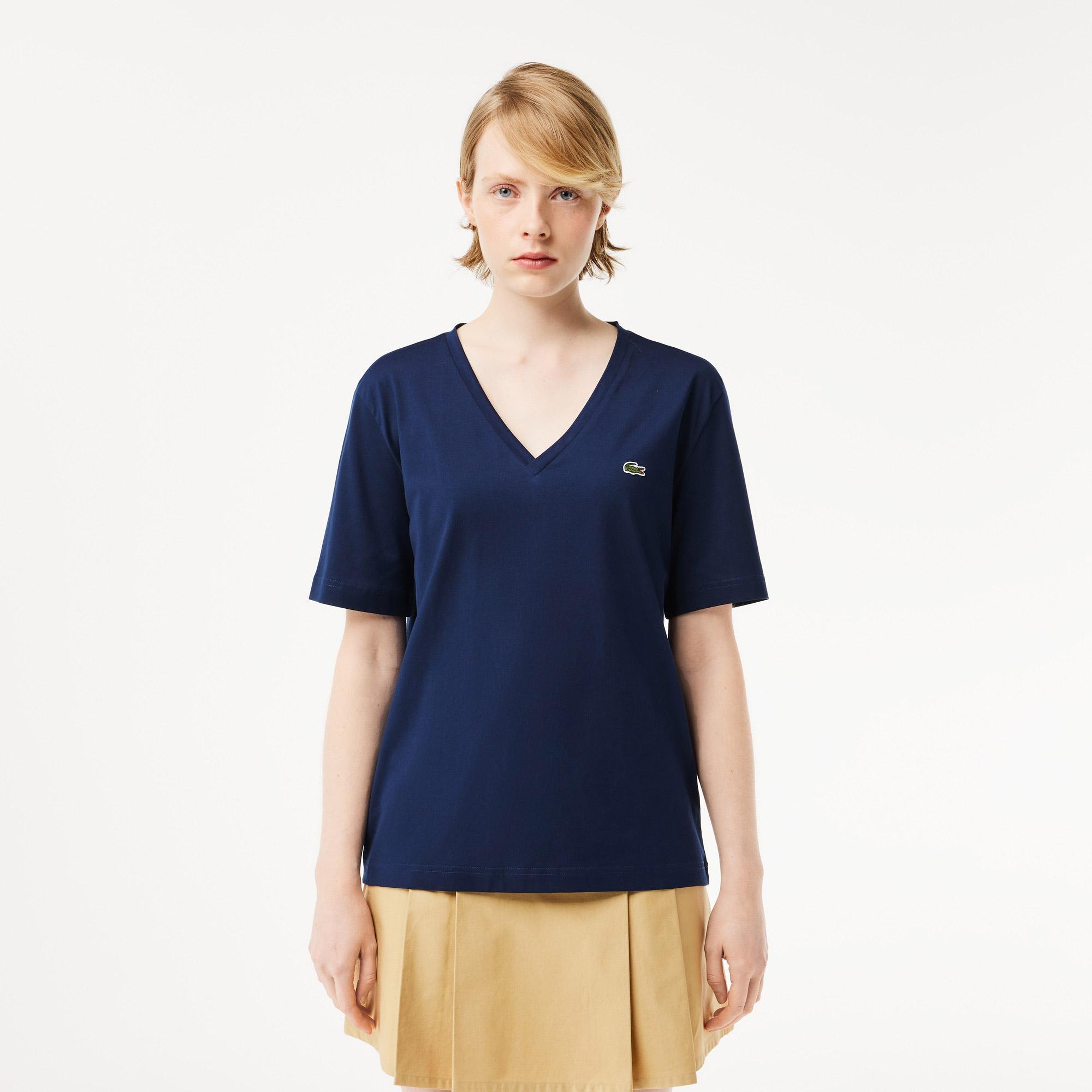 Lacoste Kadın Relaxed Fit V Yaka Lacivert T-Shirt