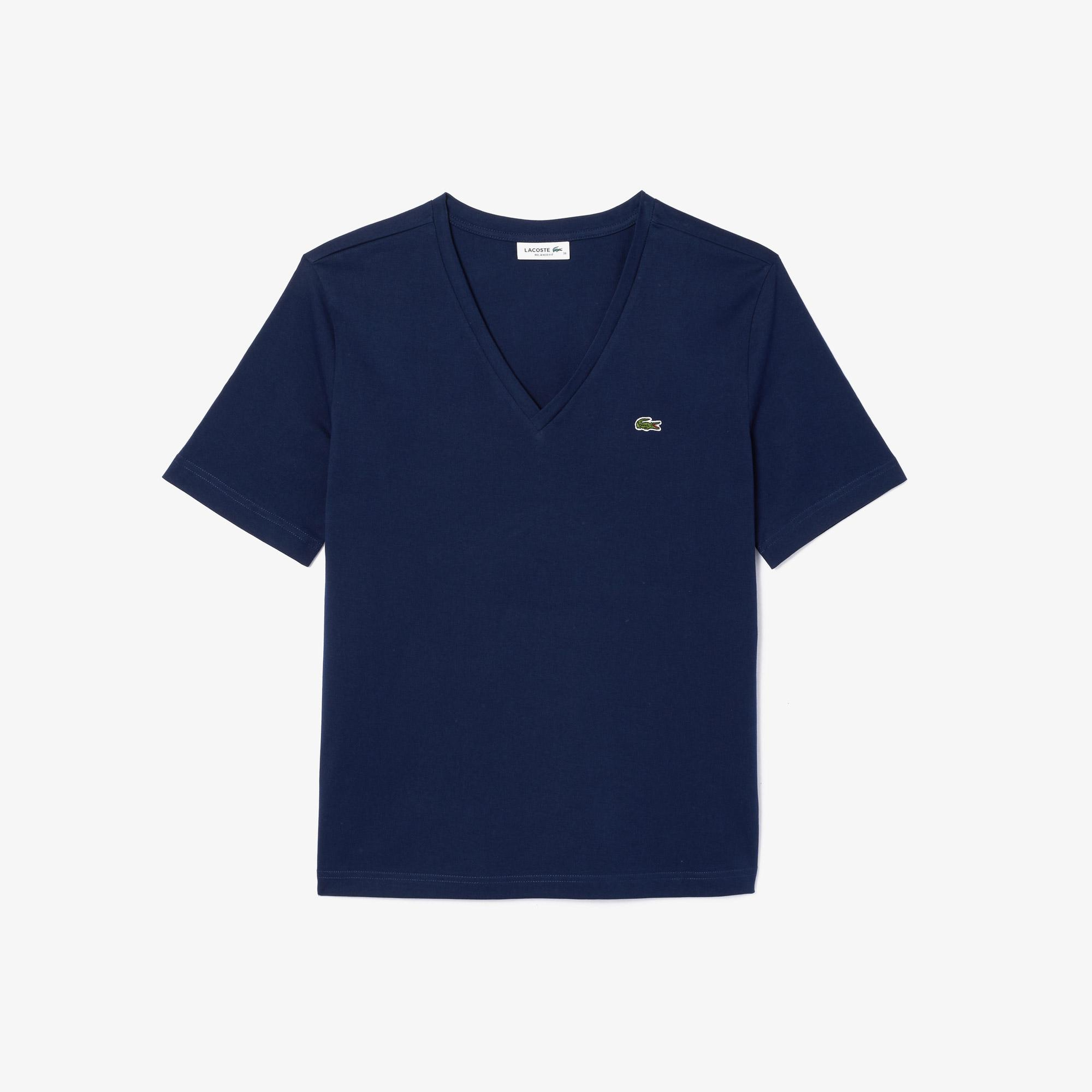 Lacoste Kadın Relaxed Fit V Yaka Lacivert T-Shirt