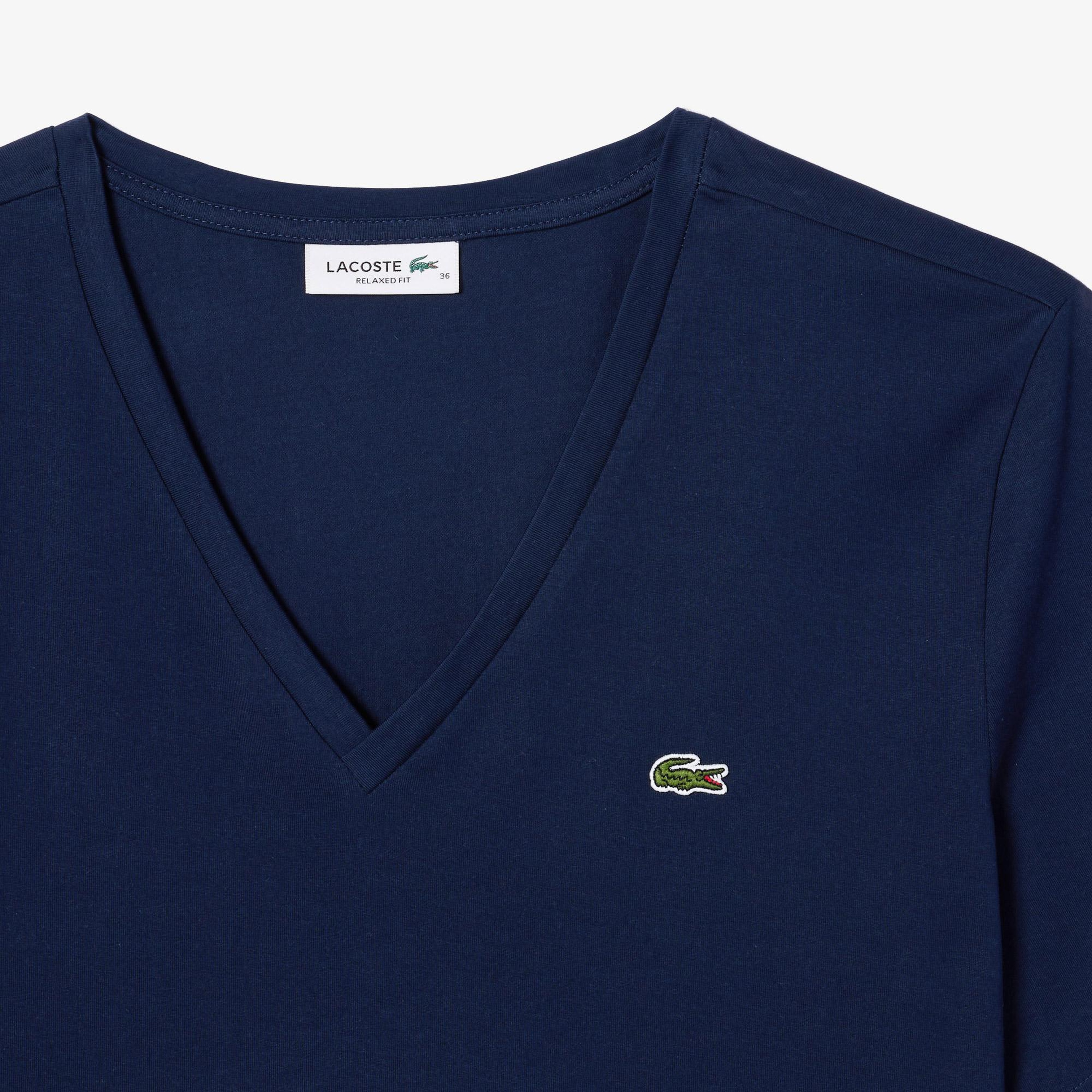 Lacoste Kadın Relaxed Fit V Yaka Lacivert T-Shirt