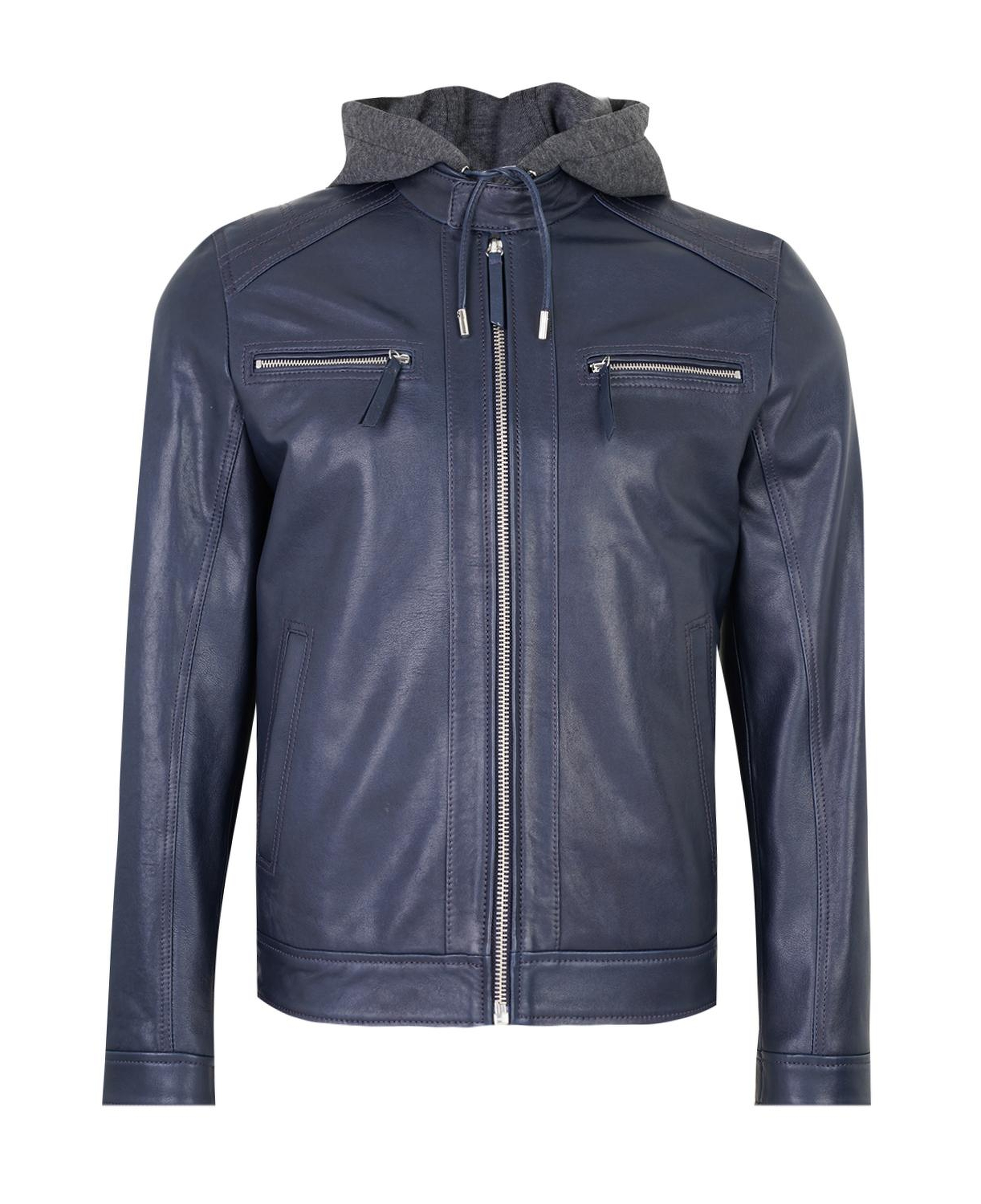 Analu Mavi Erkek Kapüşonlu Deri Mont