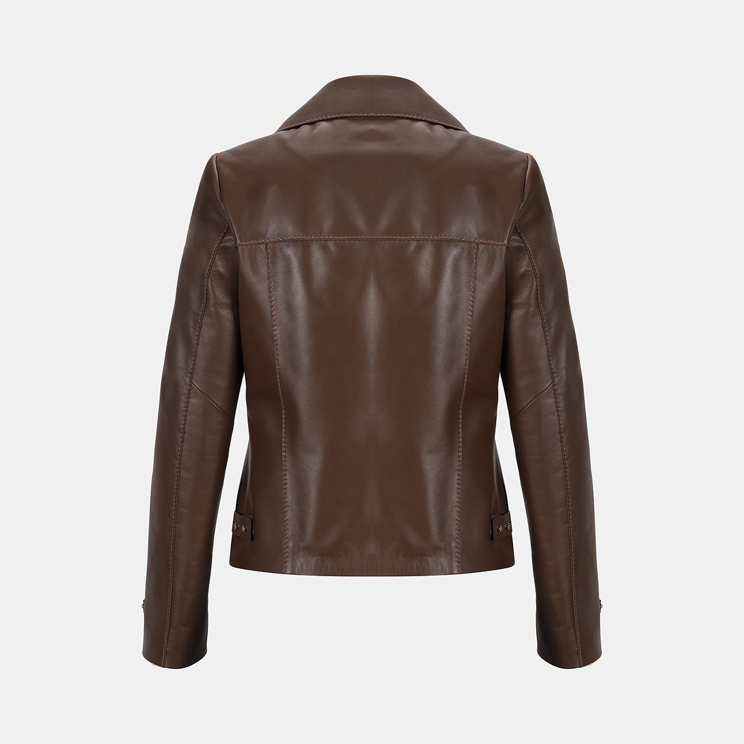 Kadın Kahve Yakalı Biker Deri Ceket