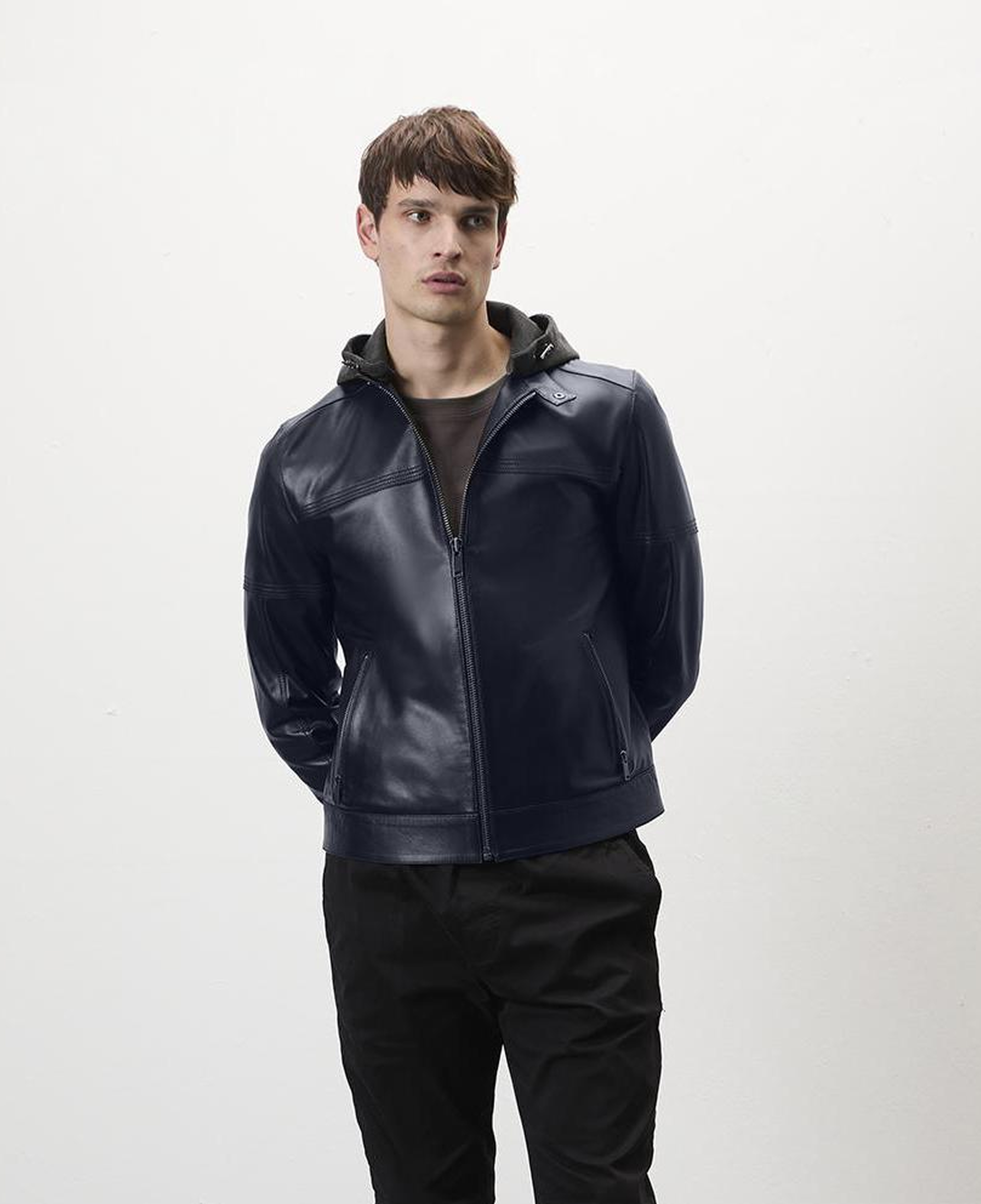 Selino Lacivert Erkek Kapüşonlü Deri Mont