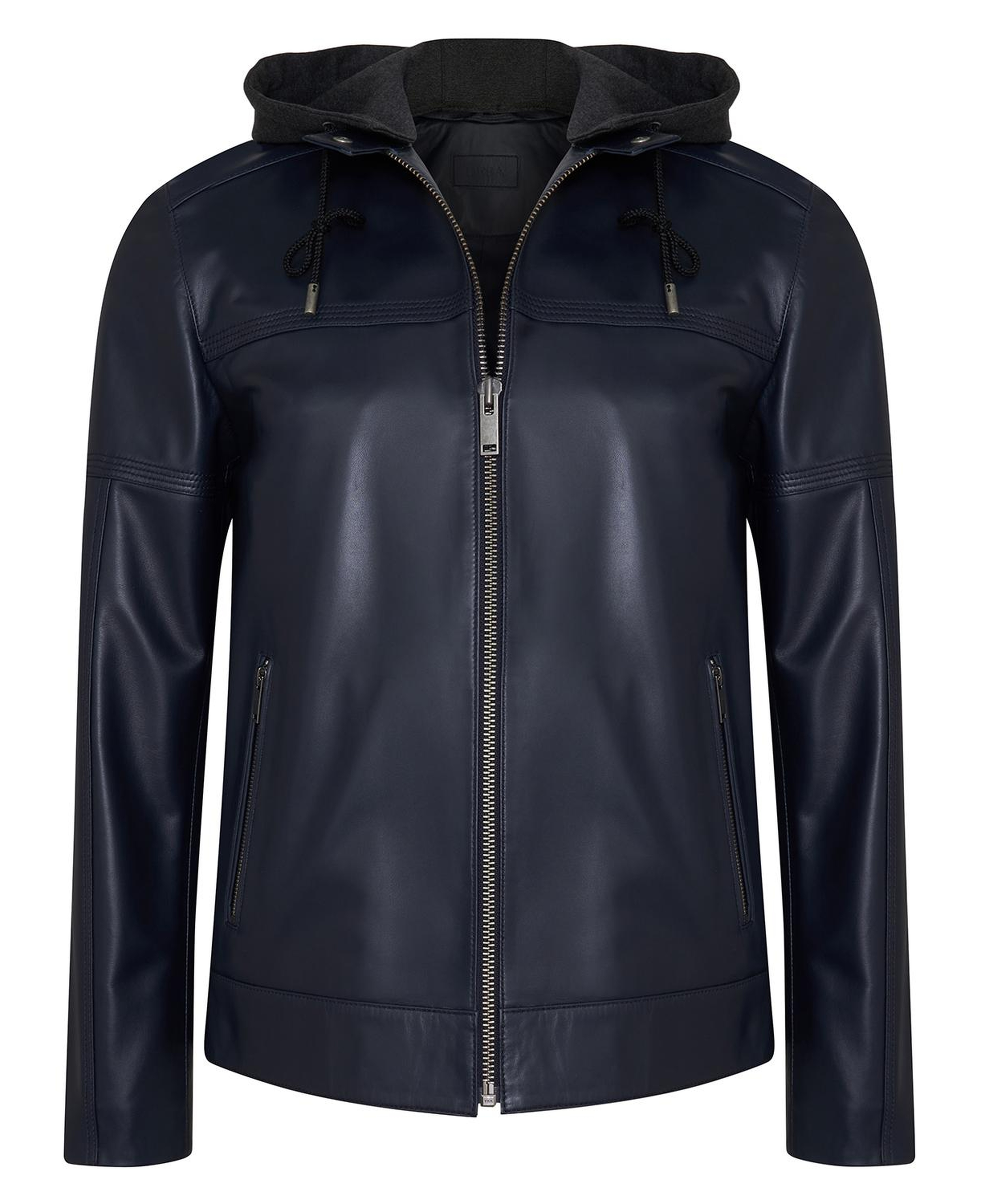 Selino Lacivert Erkek Kapüşonlü Deri Mont