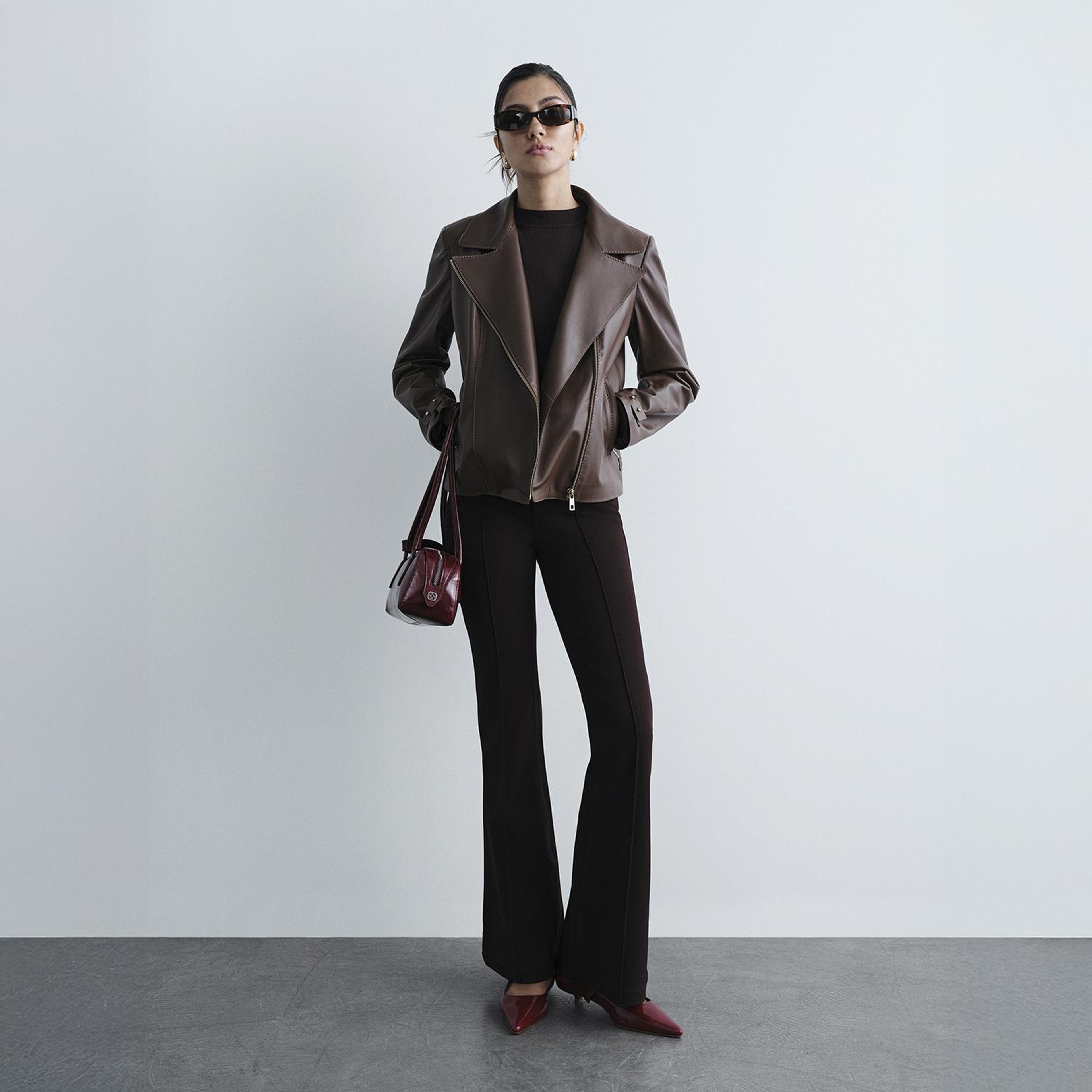 Kadın Kahve Yakalı Biker Deri Ceket