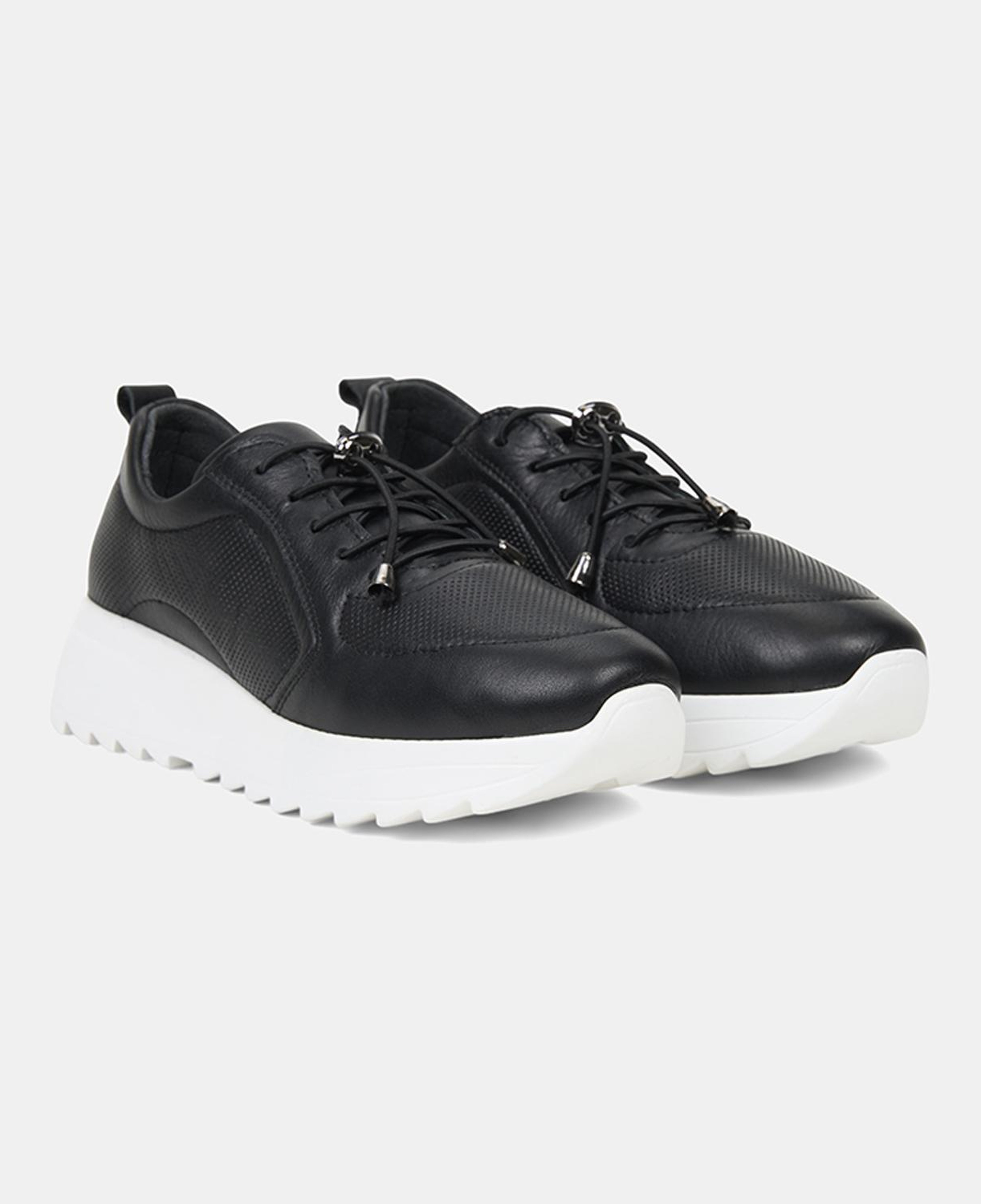 Kadın Siyah Lastik Bağcıklı Dolgu Topuklu Deri Sneaker