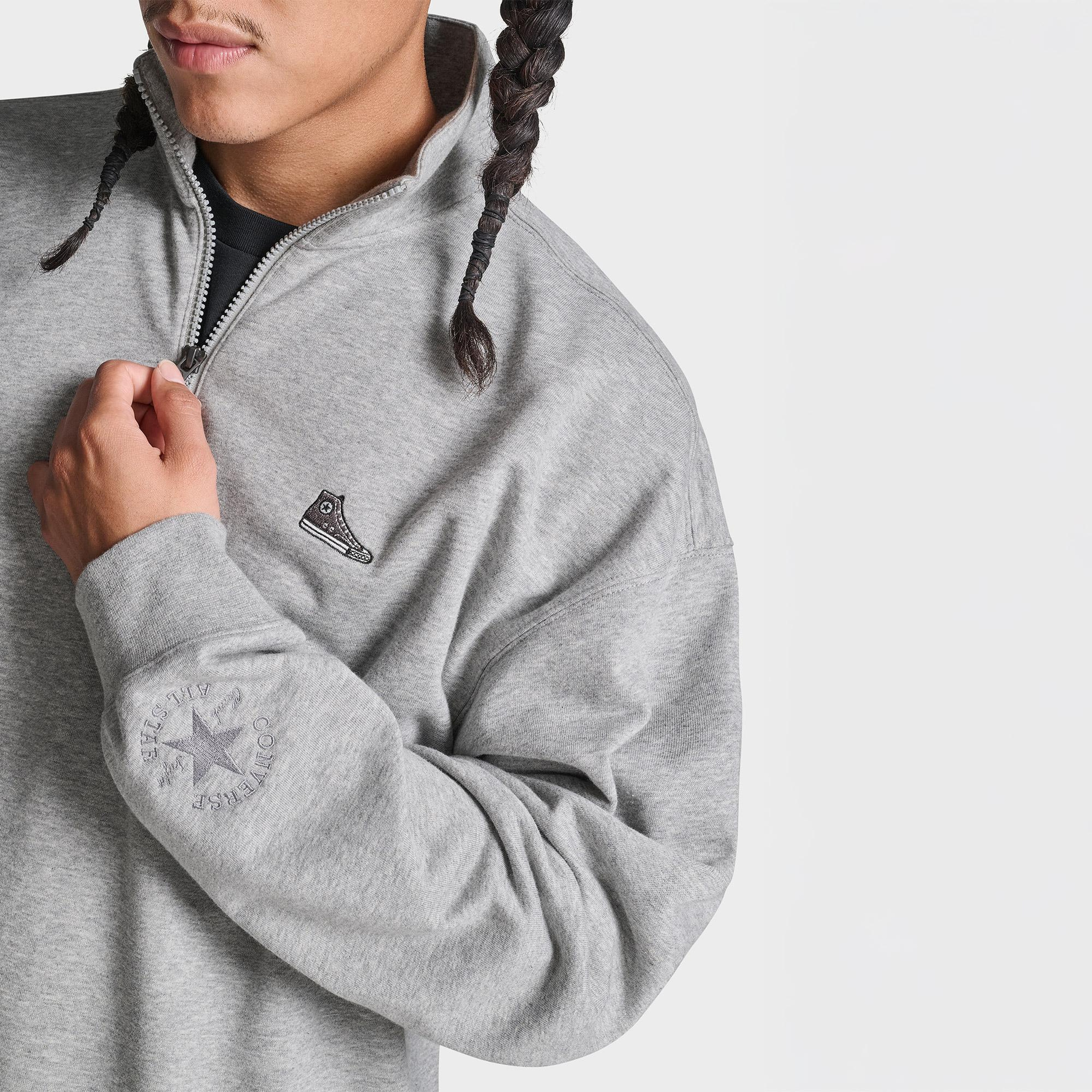 Converse Erkek Sneaker Logolu Gri Loose Fit Yarım Fermuarlı Sweatshirt