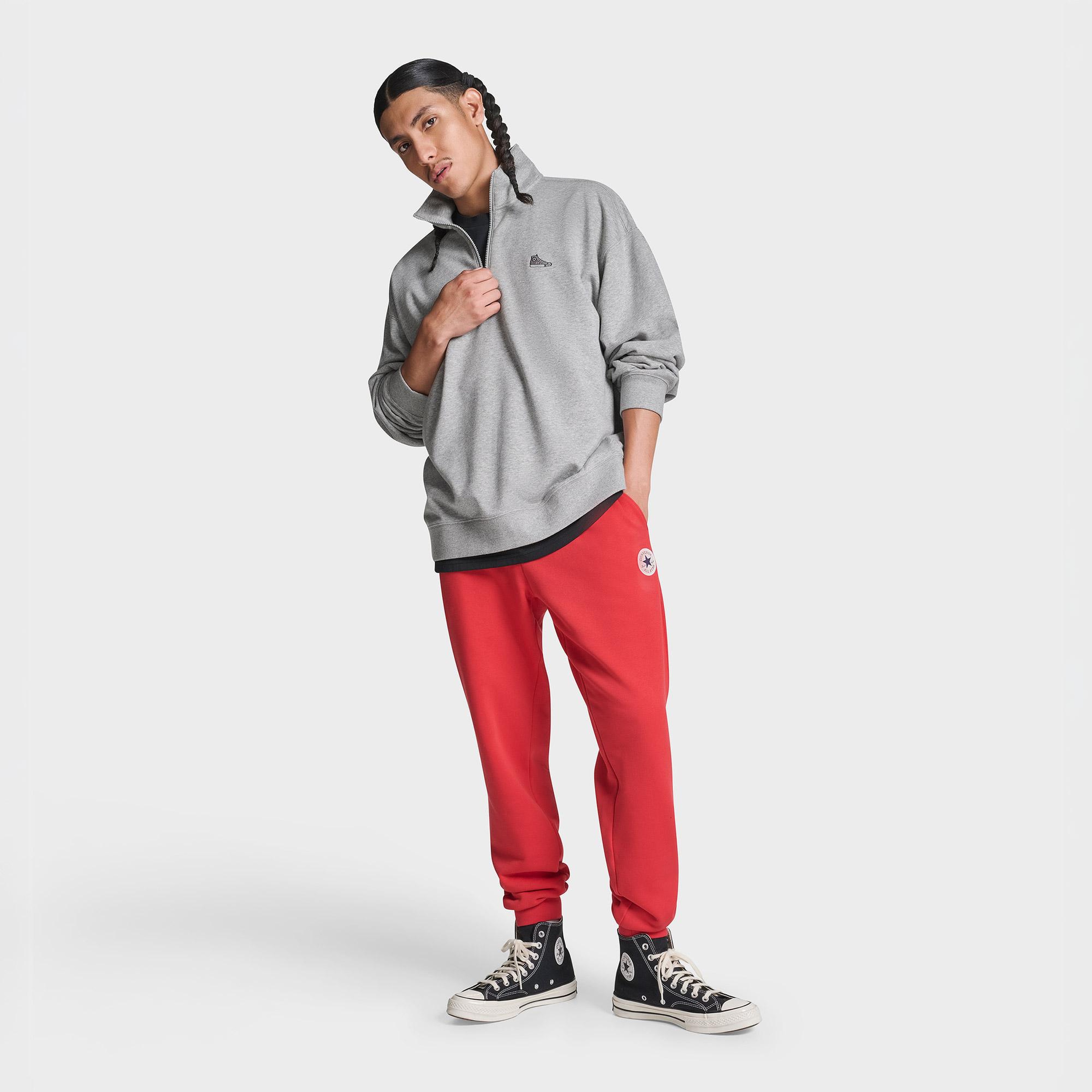 Converse Erkek Sneaker Logolu Gri Loose Fit Yarım Fermuarlı Sweatshirt