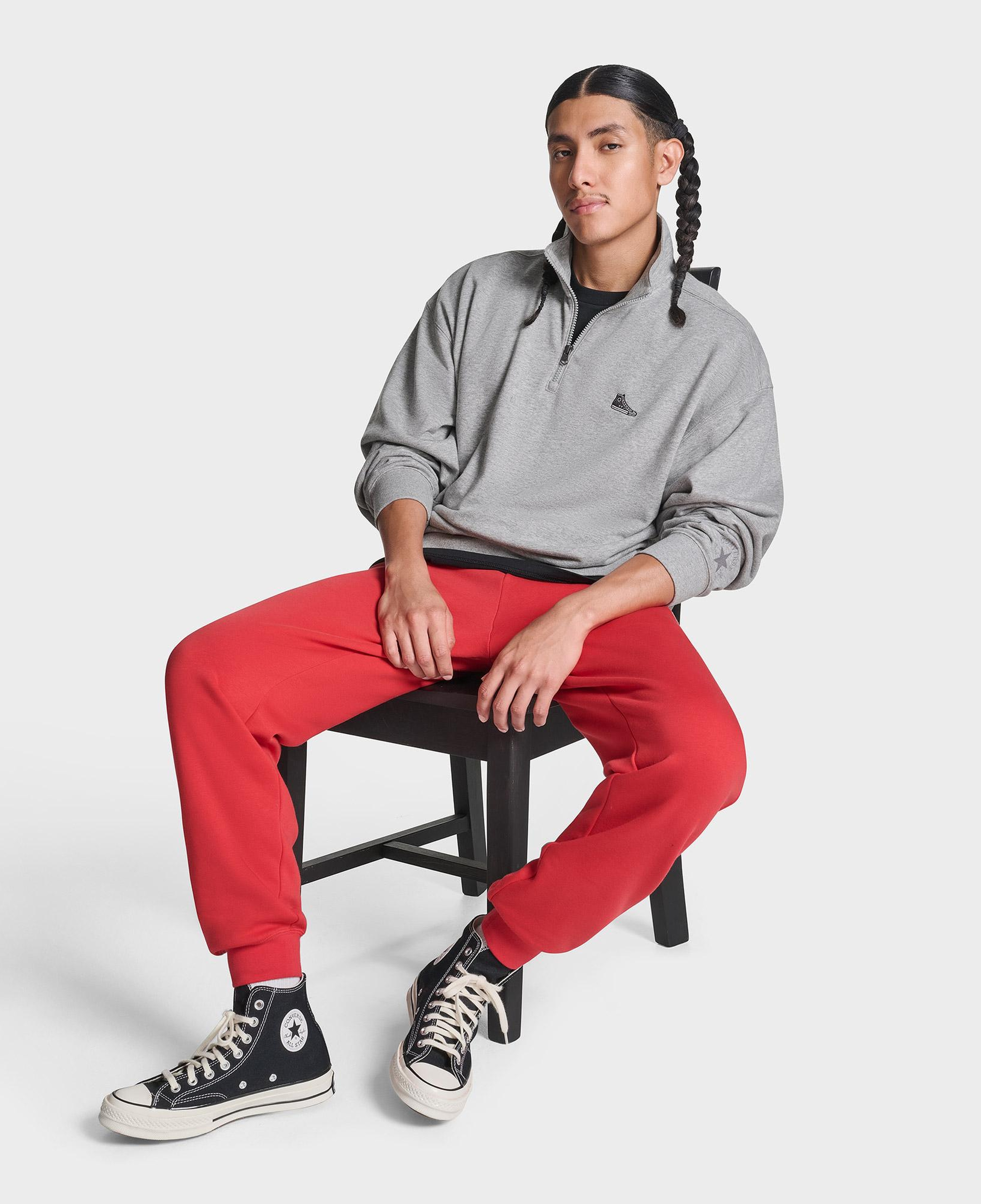 Converse Erkek Sneaker Logolu Gri Loose Fit Yarım Fermuarlı Sweatshirt