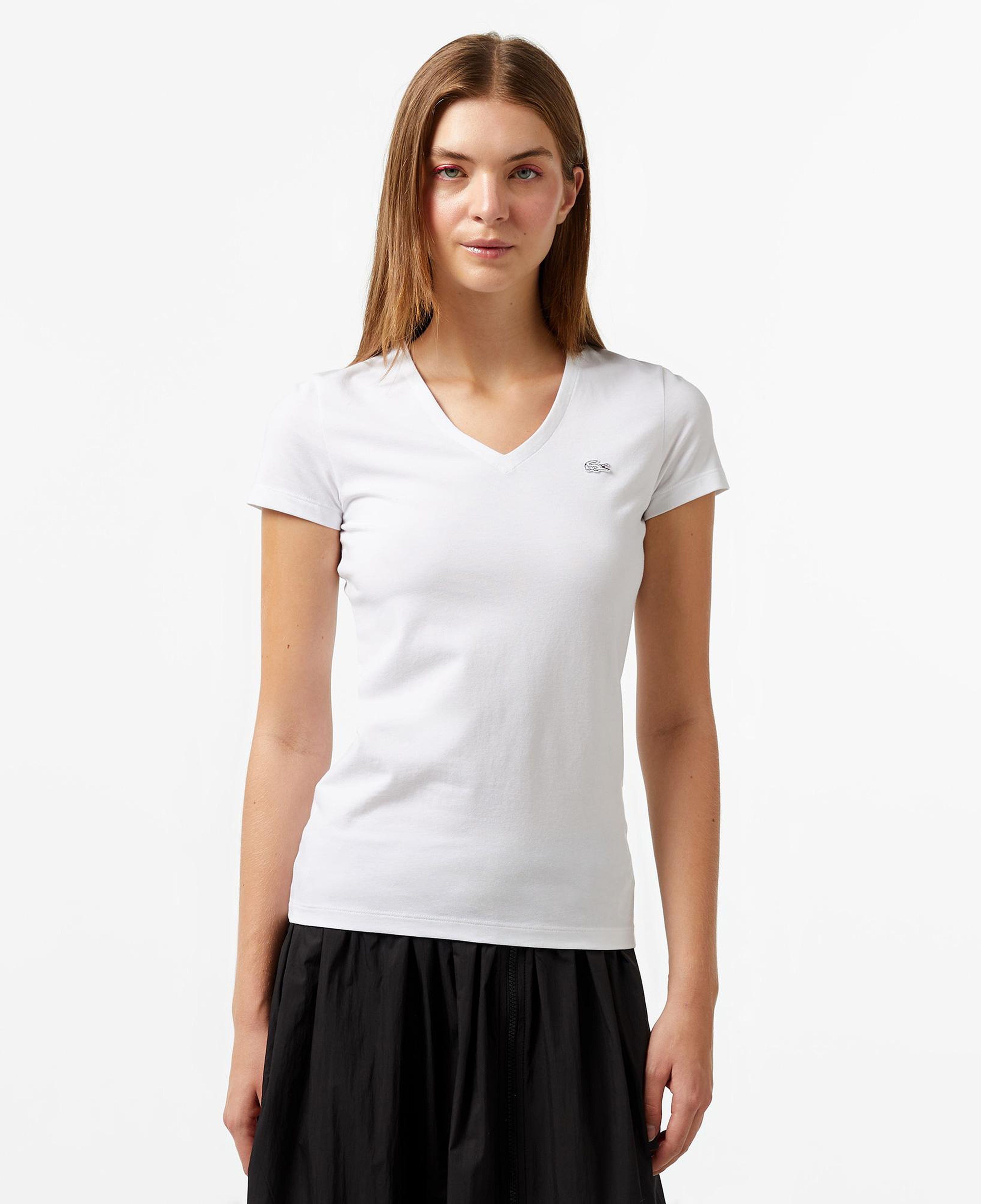 Lacoste Kadın Slim Fit V Yaka Beyaz T-Shirt