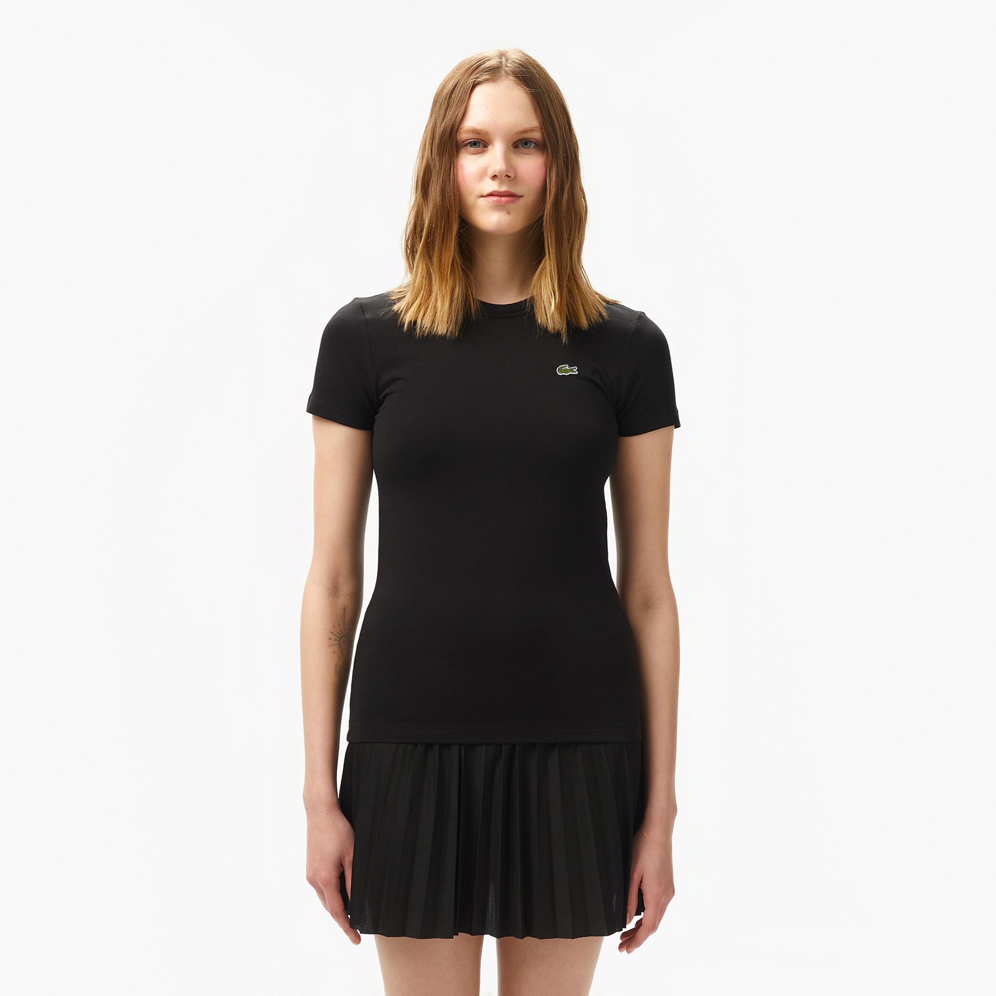 Lacoste Kadın Slim Fit Bisiklet Yaka Siyah T-Shirt