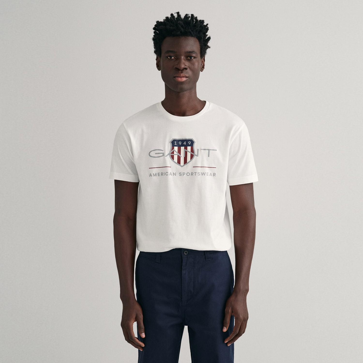 GANT Erkek Beyaz Regular Fit Bisiklet Yaka Logolu T-shirt