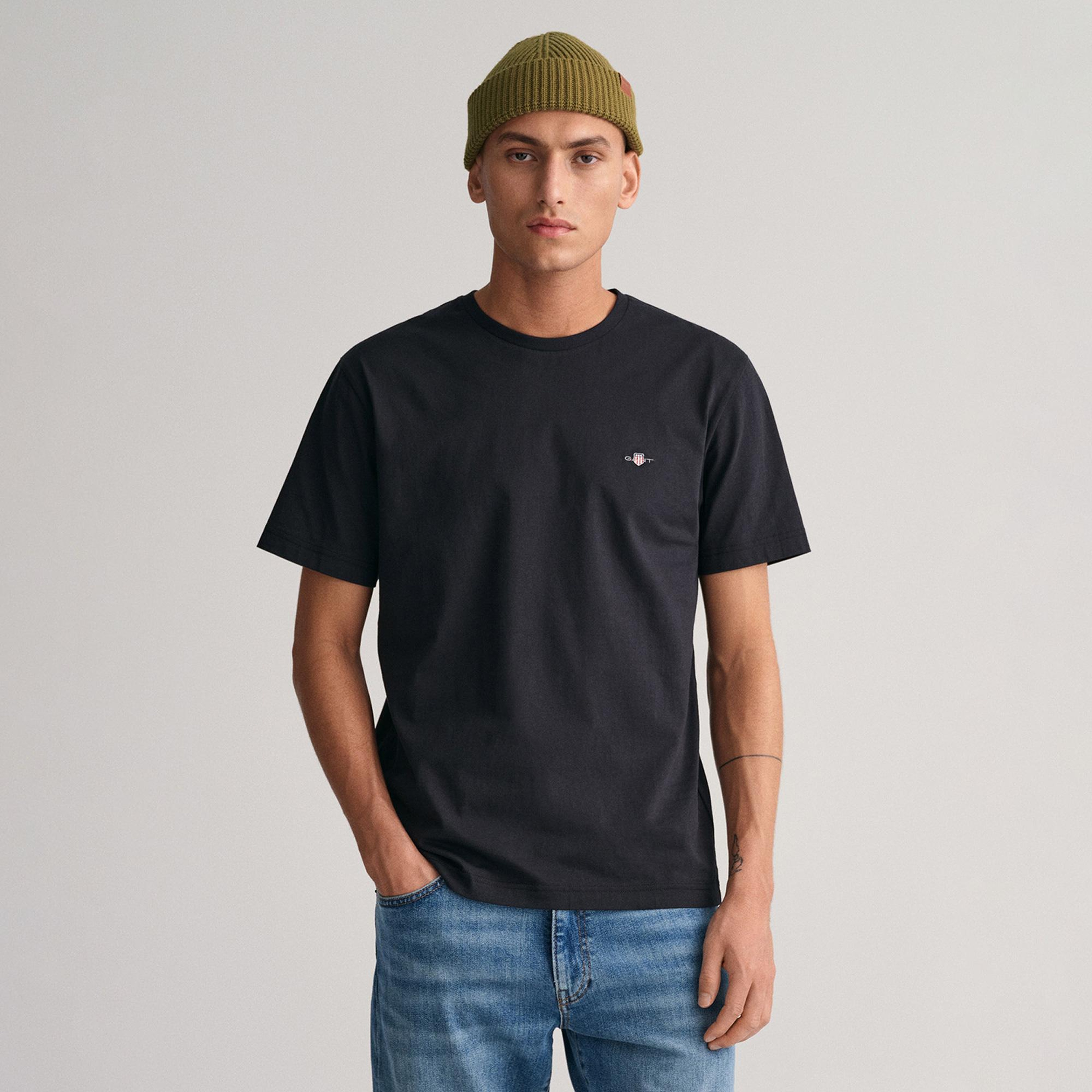 GANT Erkek Siyah Bisiklet Yaka Regular Fit Logolu T-Shirt
