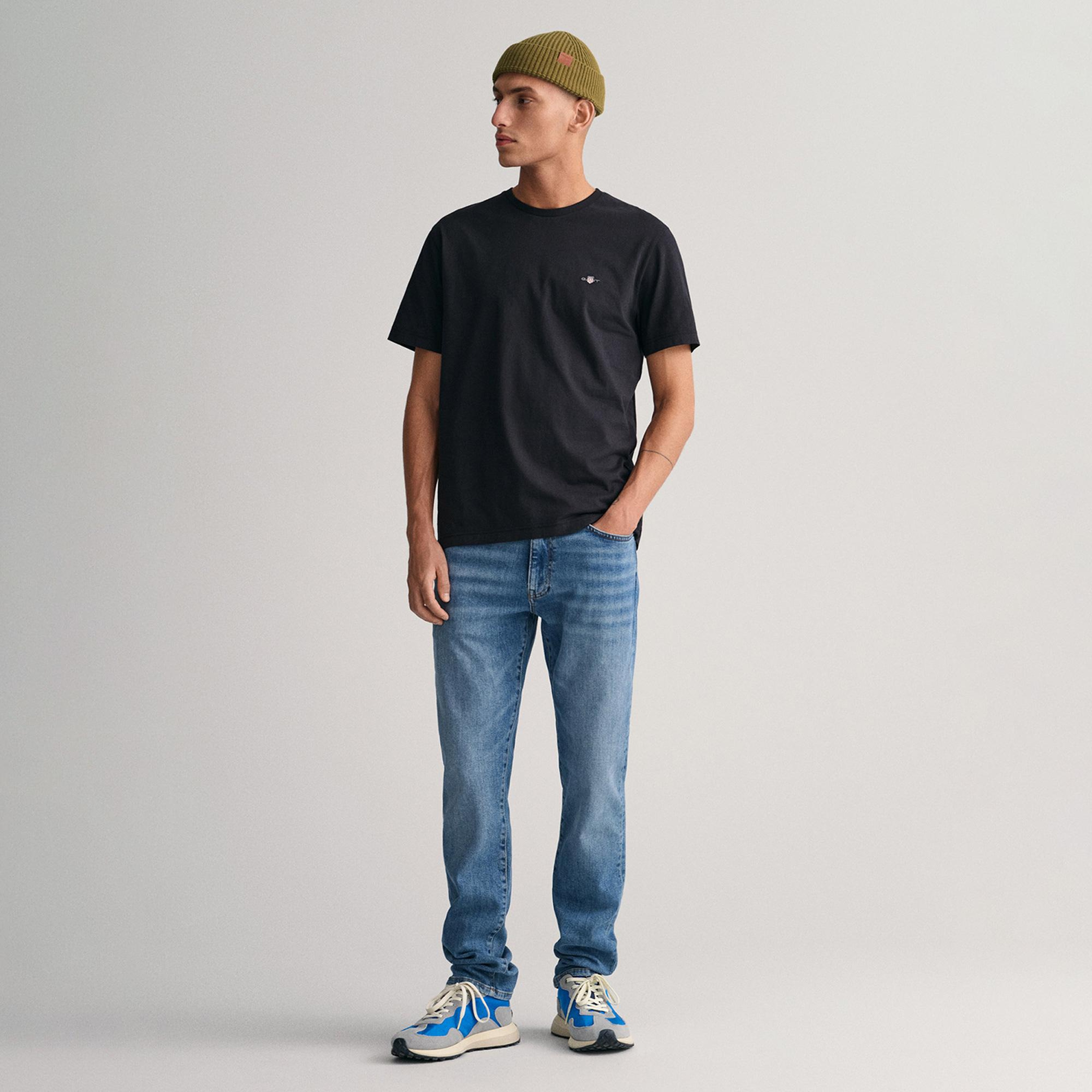 GANT Erkek Siyah Bisiklet Yaka Regular Fit Logolu T-Shirt