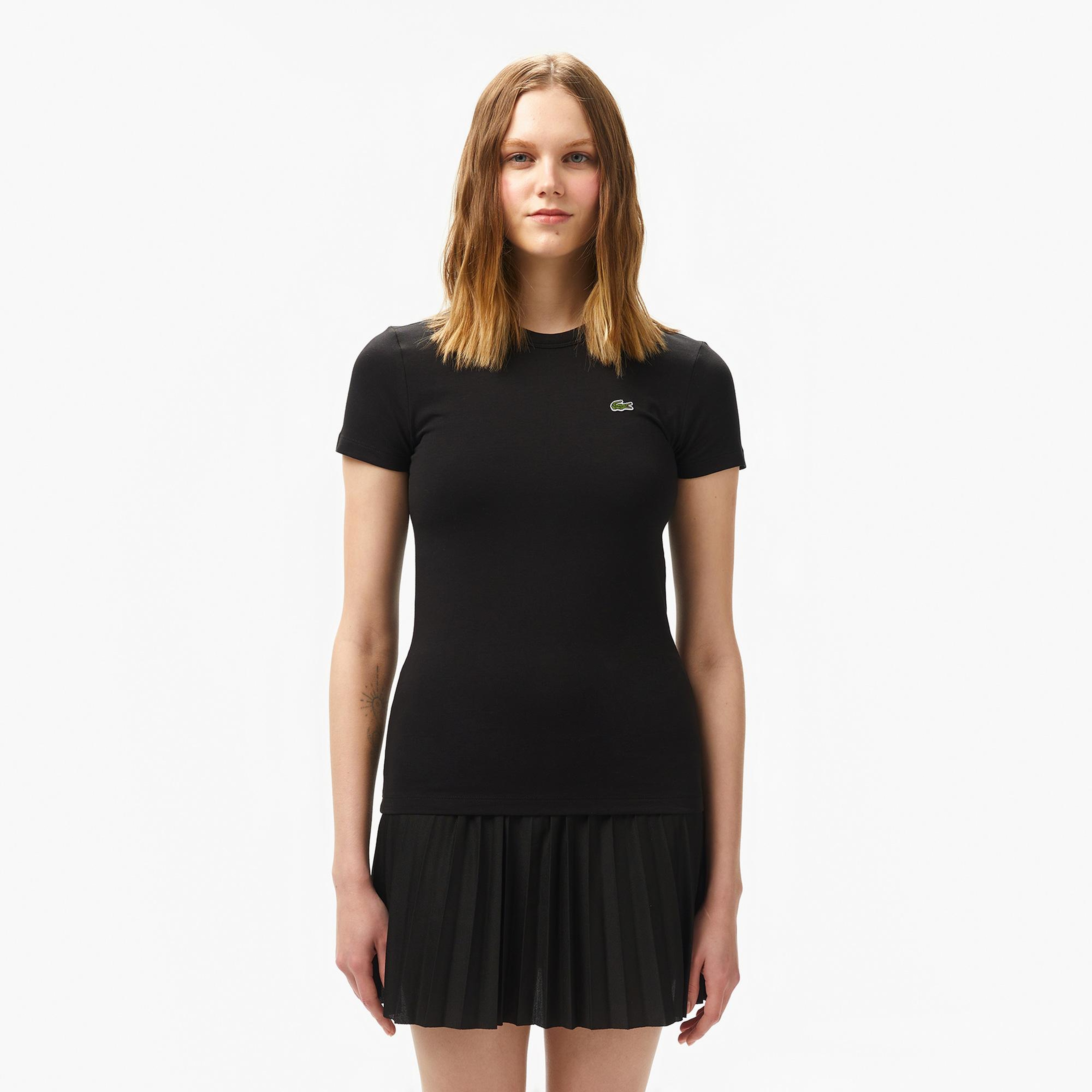 Lacoste Kadın Slim Fit Bisiklet Yaka Siyah T-Shirt