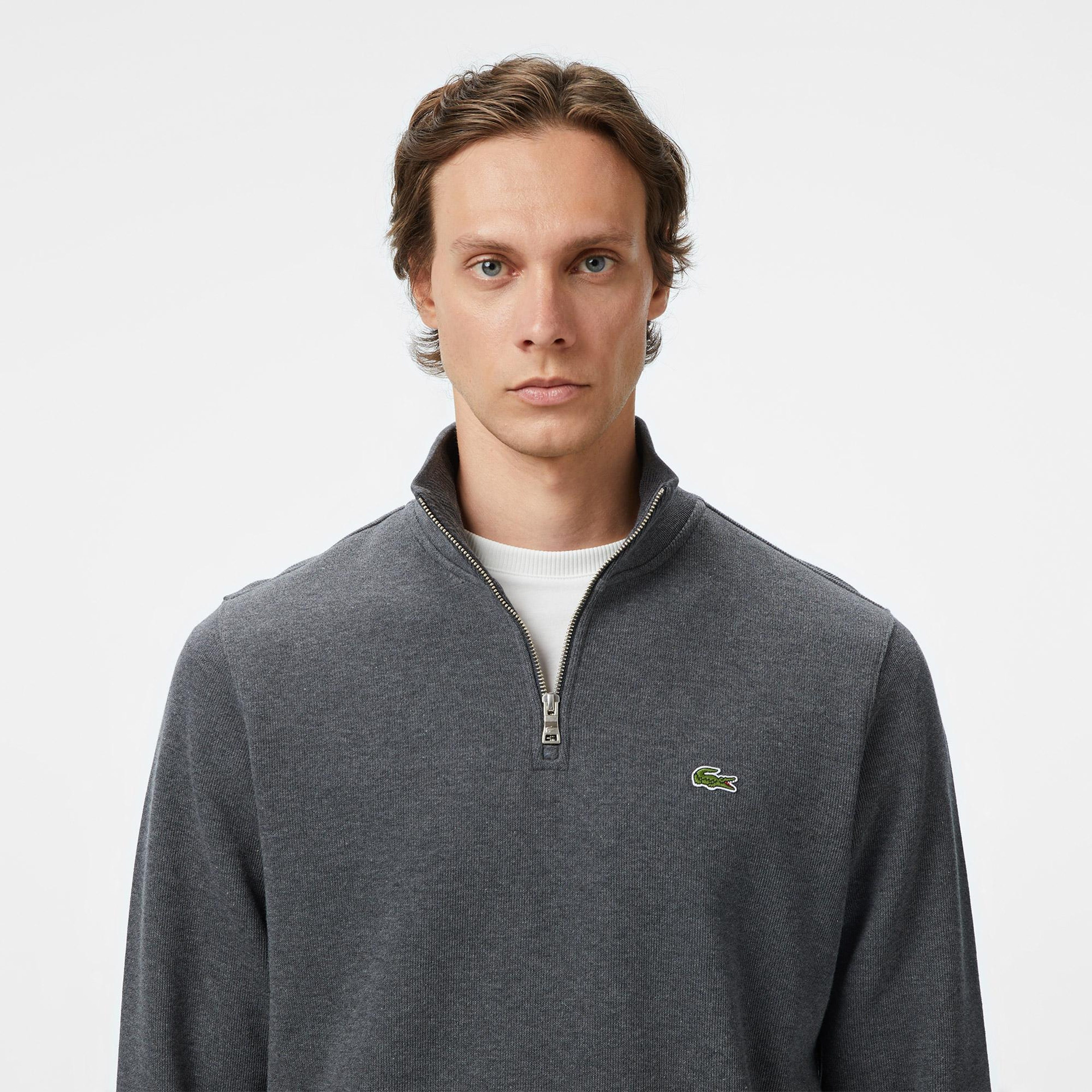 Lacoste Erkek Classic Fit Yarım Fermuarlı Gri Sweatshirt